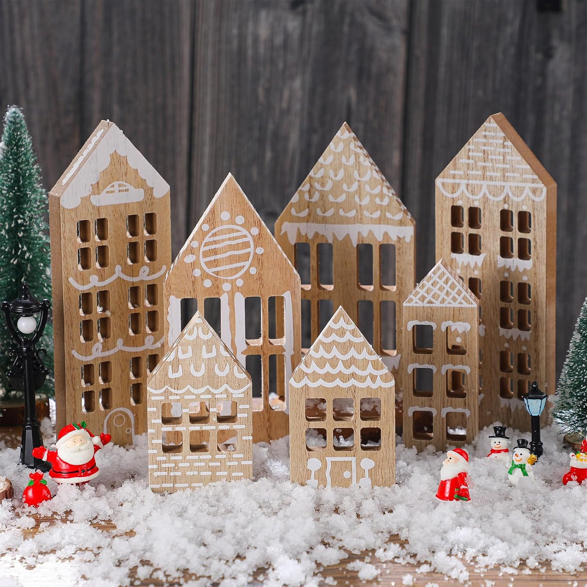 Briwooody 7 Wooden Christmas Village Houses Set, Brown
