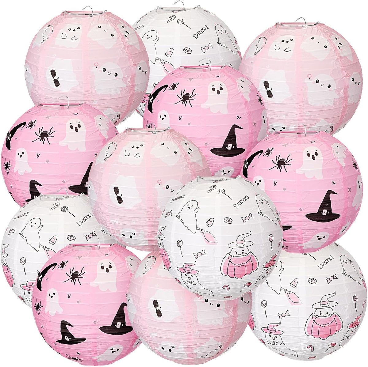 Retisee 12 Pcs 8" Pink Ghost Halloween Paper Lanterns Party Decorations