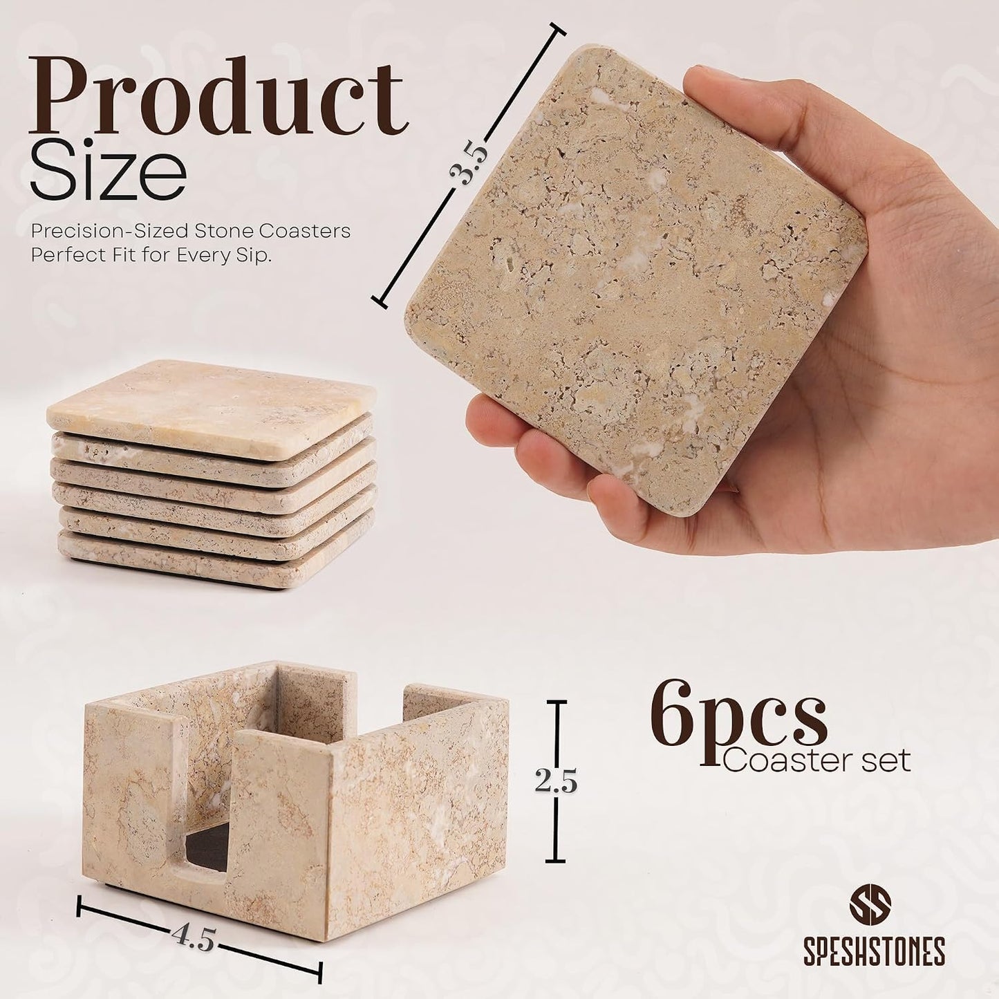 Holder / Stone Drink Coasters / Travertine Coasters with Holder / 3.5 Inch / Set of 6