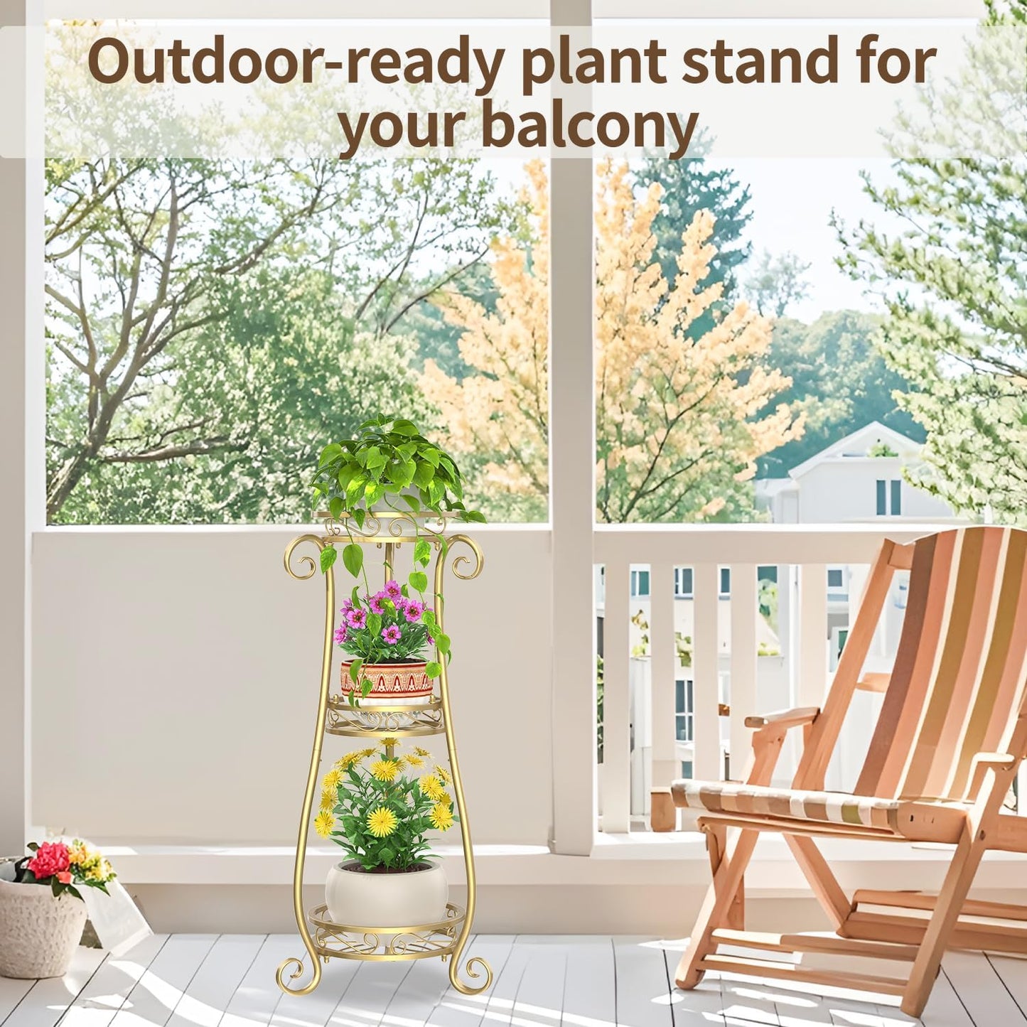 LASZOLA 3 Tiers Metal Corner Plant Flower Stand Tall Indoor Outdoor, Gold | Heavy Duty Small Holder Shelf for Multiple