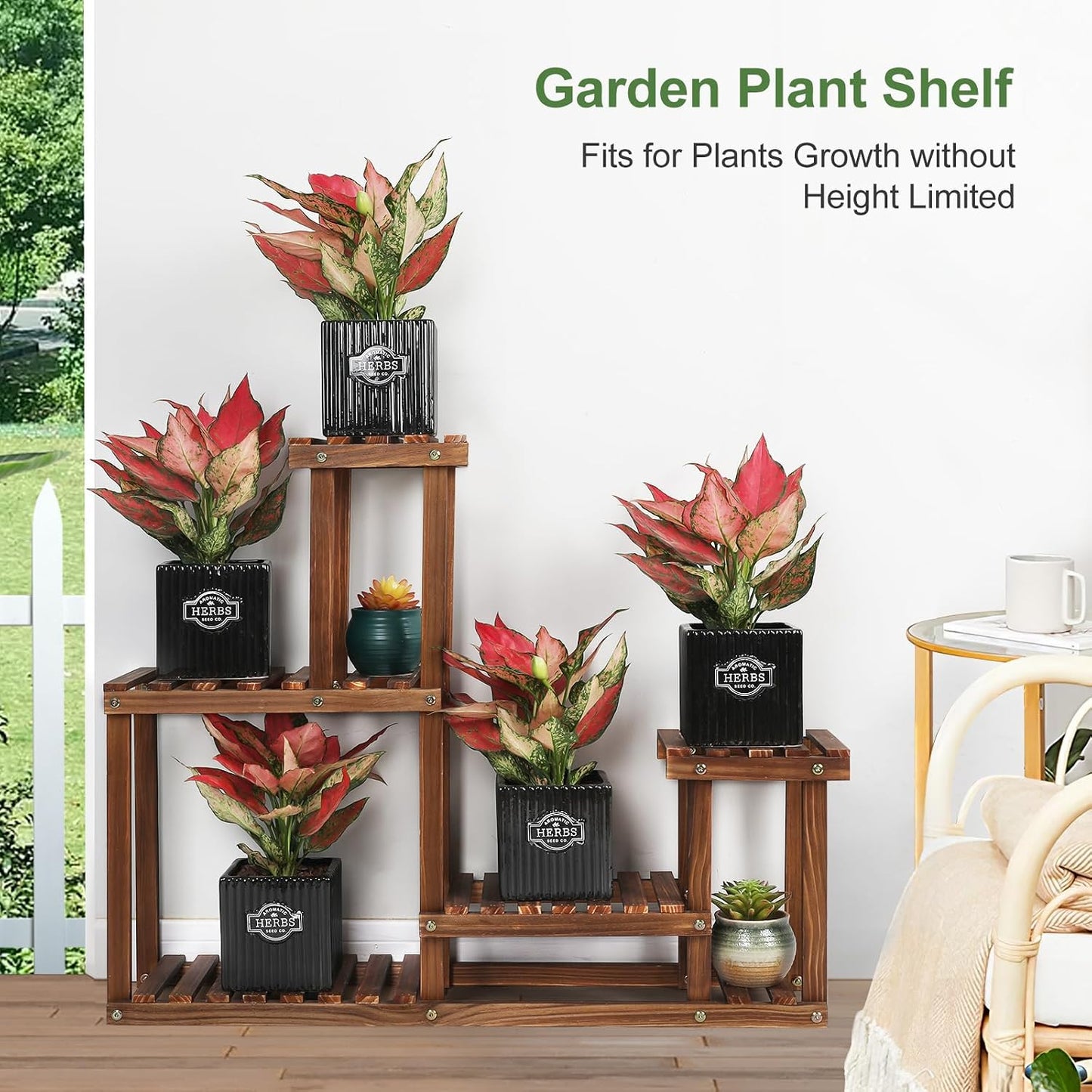 Pine Wood Plant Stand Indoor Outdoor Multi Layer Flower Shelf Rack | Higher and Lower Plant Holder in Garden Balcony