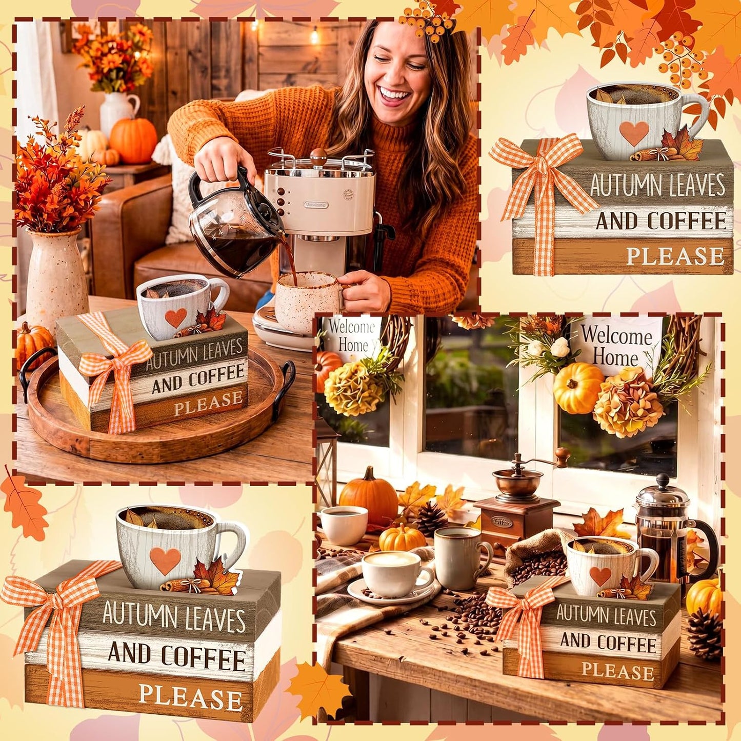 Tiered Tray Decor Rustic Decorative Mini Wooden Faux Book Stack Autumn Maple Leaf / Fall / Set of 4