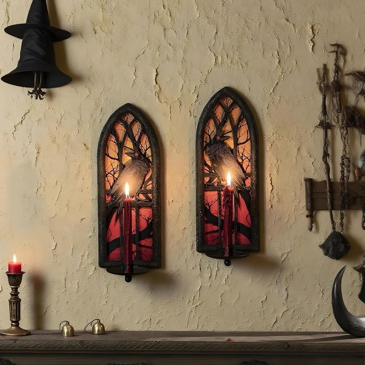 Gothic Wall Candle Sconces Set of 2, Wrought Iron Crow Wall Mounted Candelabra Holder with Removable Trays for Taper &