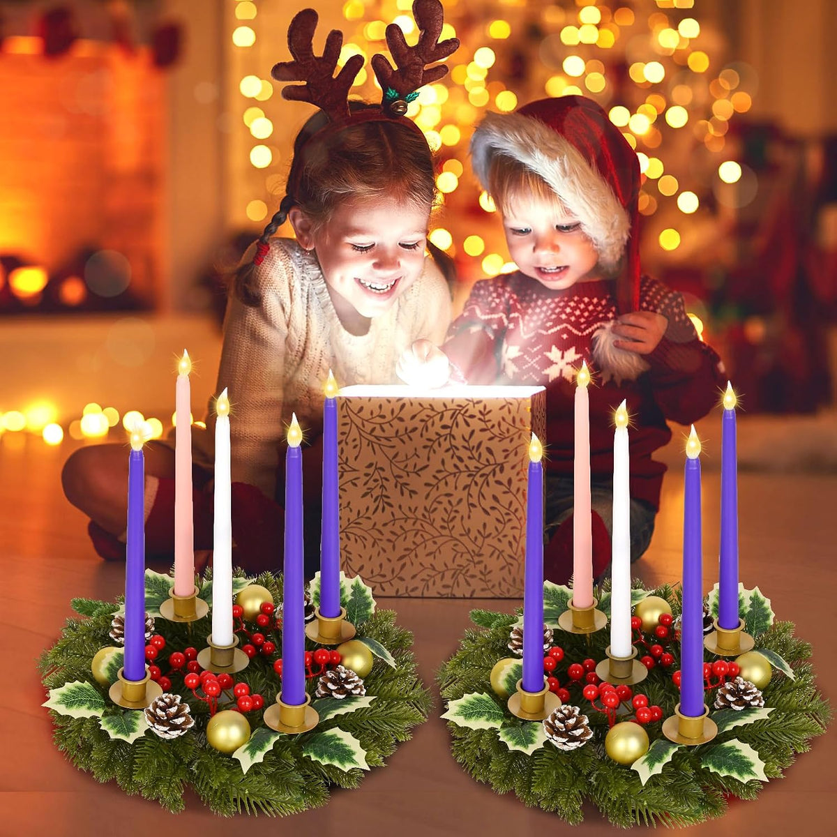 6 Pcs Christmas Advent Wreath Advent Candle Holder with 5 Flameless Simulated Candles, 12 Inch Advent Wreath and