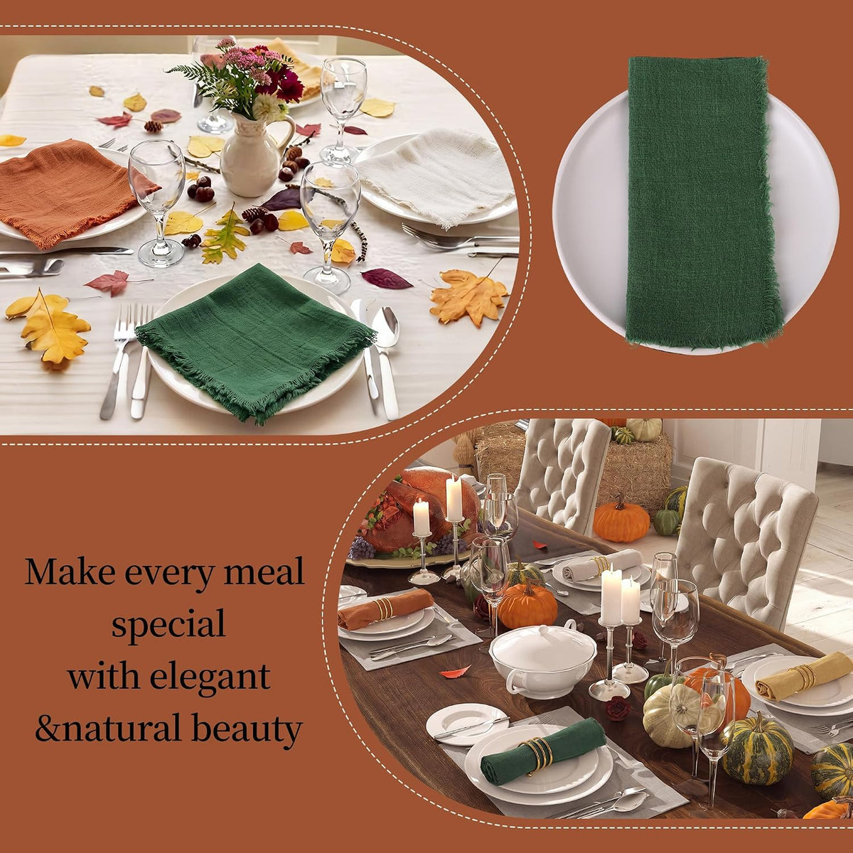 TURSTIN 24 Pieces Thanksgiving Cotton Linen Cloth Napkin Handmade Cloth | Fall Napkin with Fringe 17 x 17 Inch Soft
