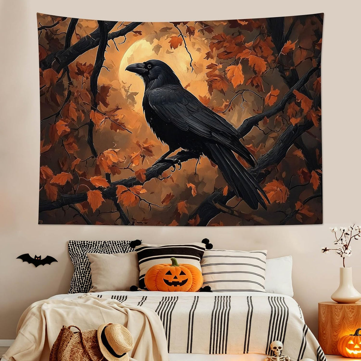 HVEST Fall Halloween Tapestry Wall Hanging Spooky Black Crow on Tree Branch Wall Art Orange Full Moon and Autumn Maple Leaf Tapestry for Bedroom Living Room Dorm Wall Decor, 51L X 59W inches