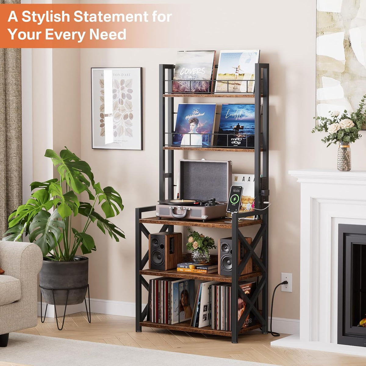 Record Player Stand with Power Outlet - Turntable Display Shelf | 5-tier Vinyl Record Storage Rack Holds 300 LPs, Media