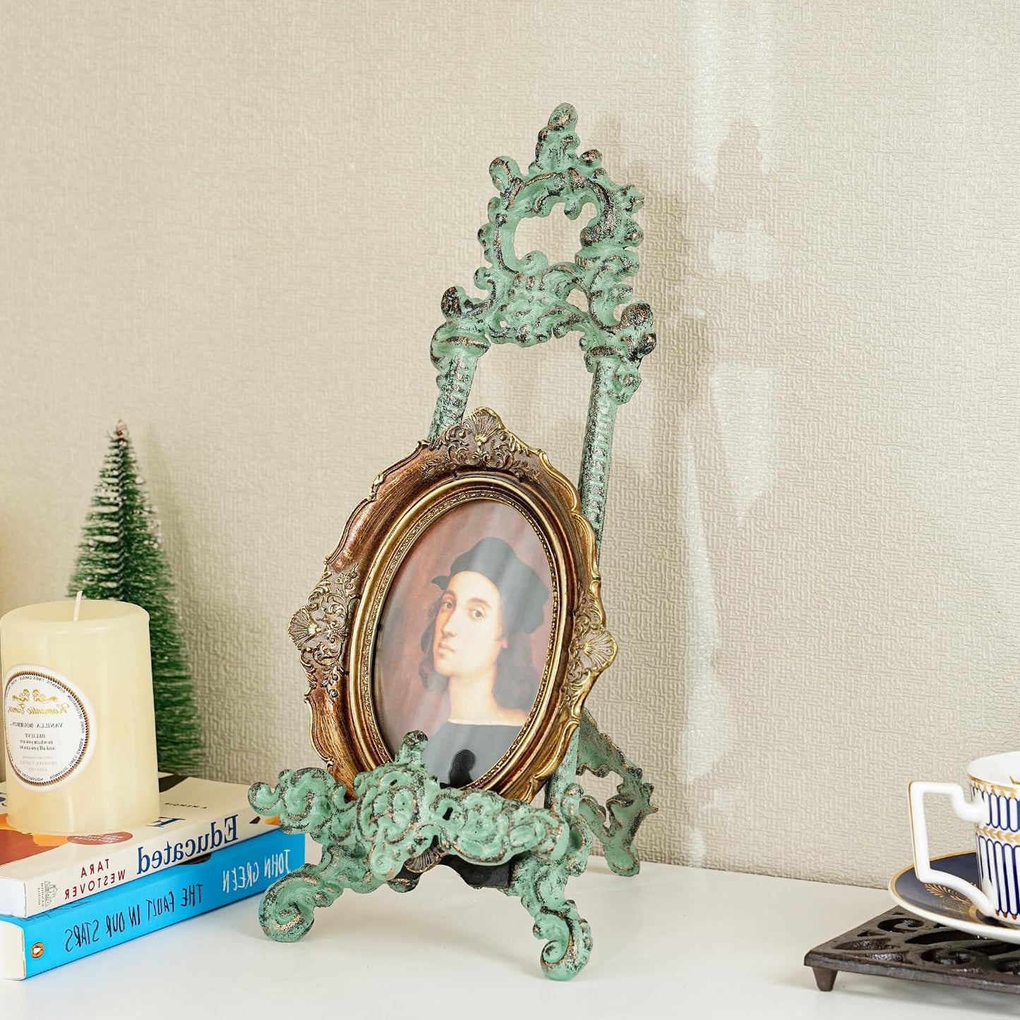 Sungmor Vintage Cast Iron Cookbook Stand, 15.5 Inches Tall Antique Green | Small Ornate Easel Fleur De Lis Stand,Table