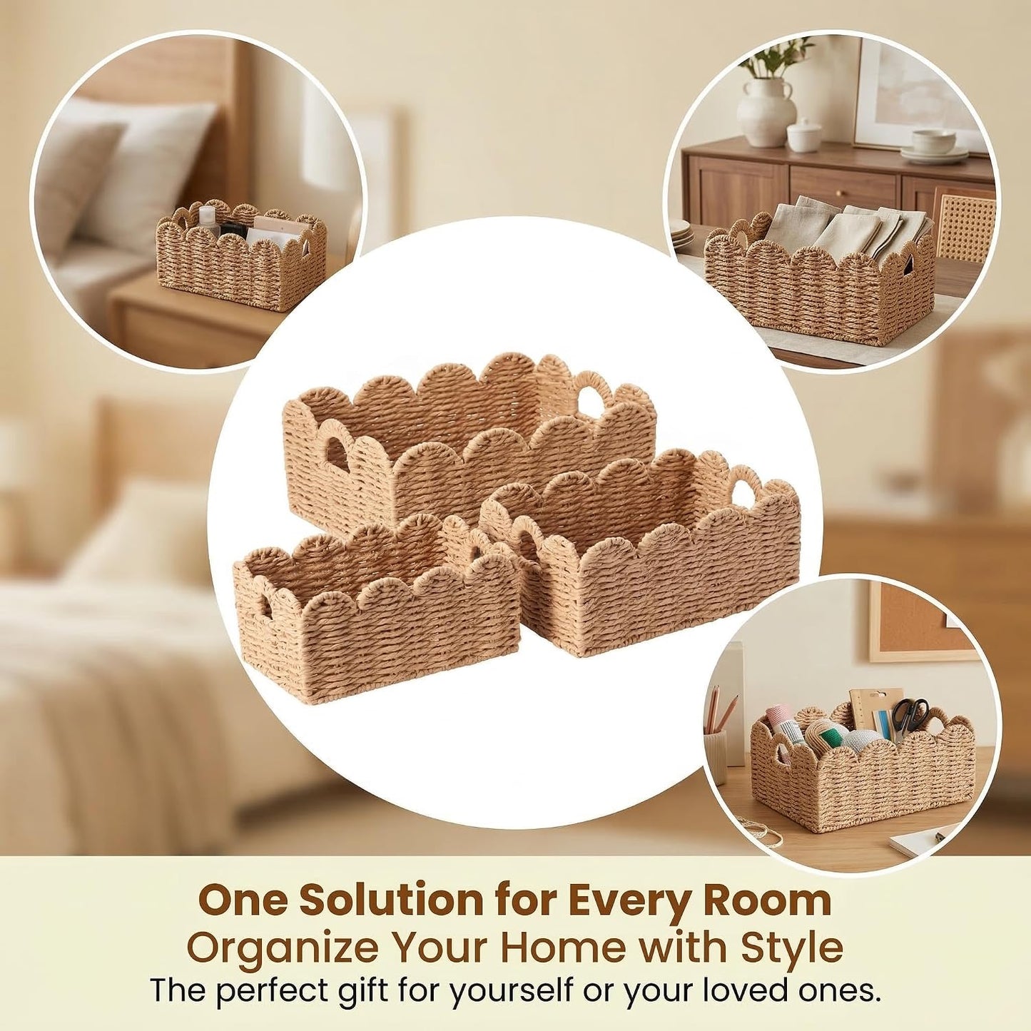 Scalloped Wicker Baskets / Tan / Set of 3