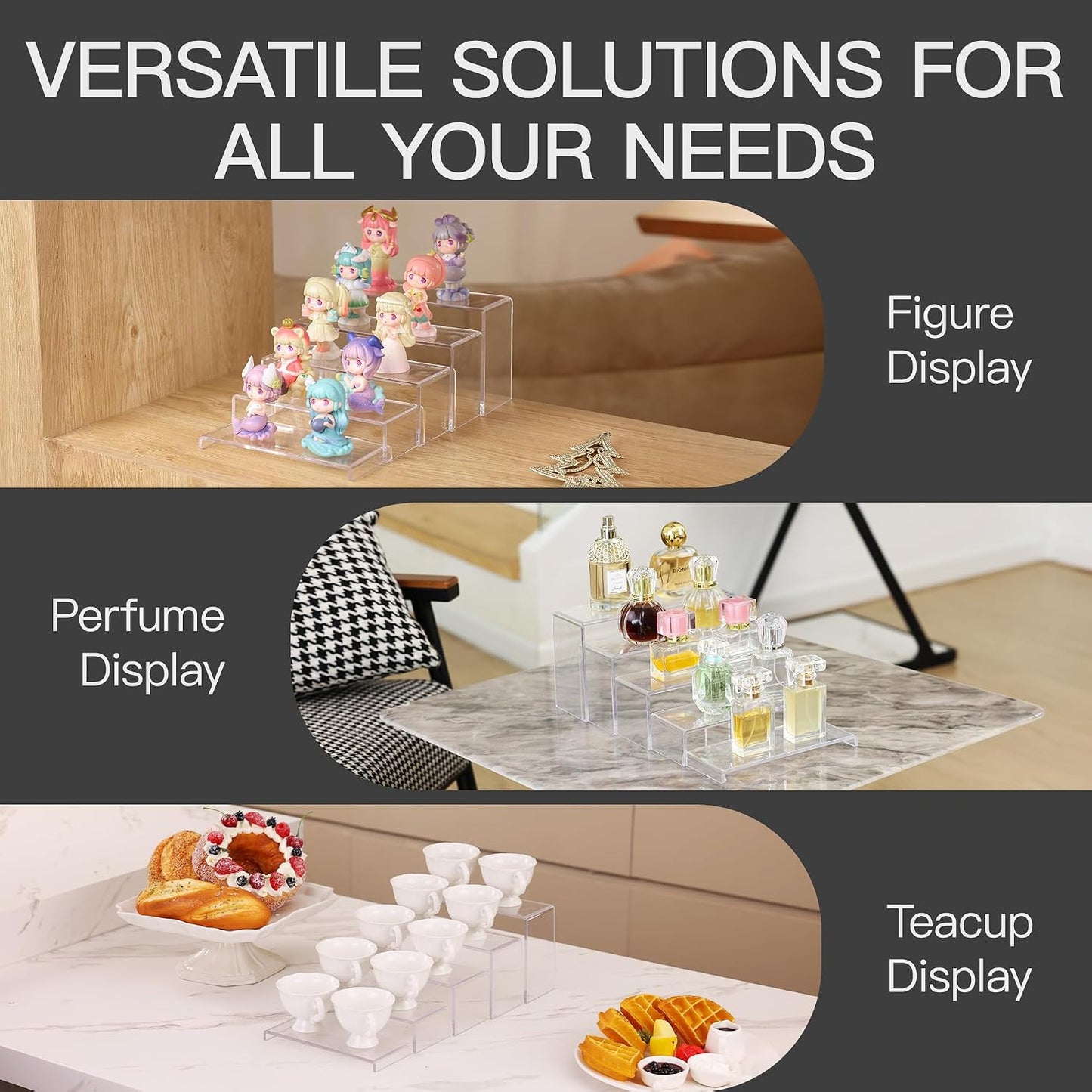 10 Pack Acrylic Display Risers, 2 Set(7”L~8”L~9”L) Perfume Stand Organizer, Easy to Store Clear Cupcake Stand, Display