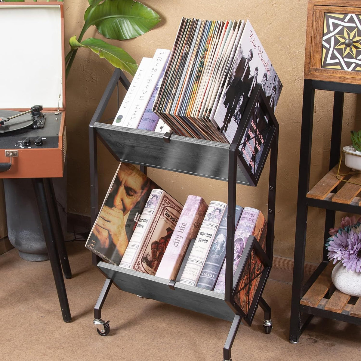 SwaaVee Vinyl Record Storage Holder with Wheels, 2-Tier Record Holder 160-200 LP with Dividers, Retro Style Quick