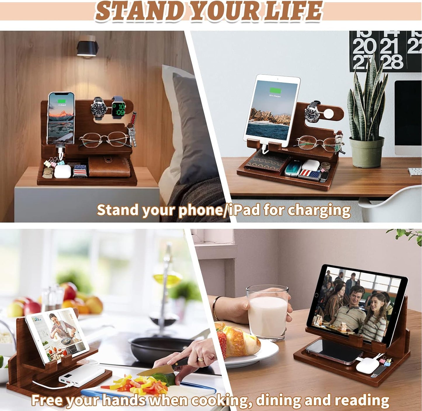 Wood Phone Docking Station - Nightstand Charging Organizer and Cell Phone Stand - Bedside Gift for Men