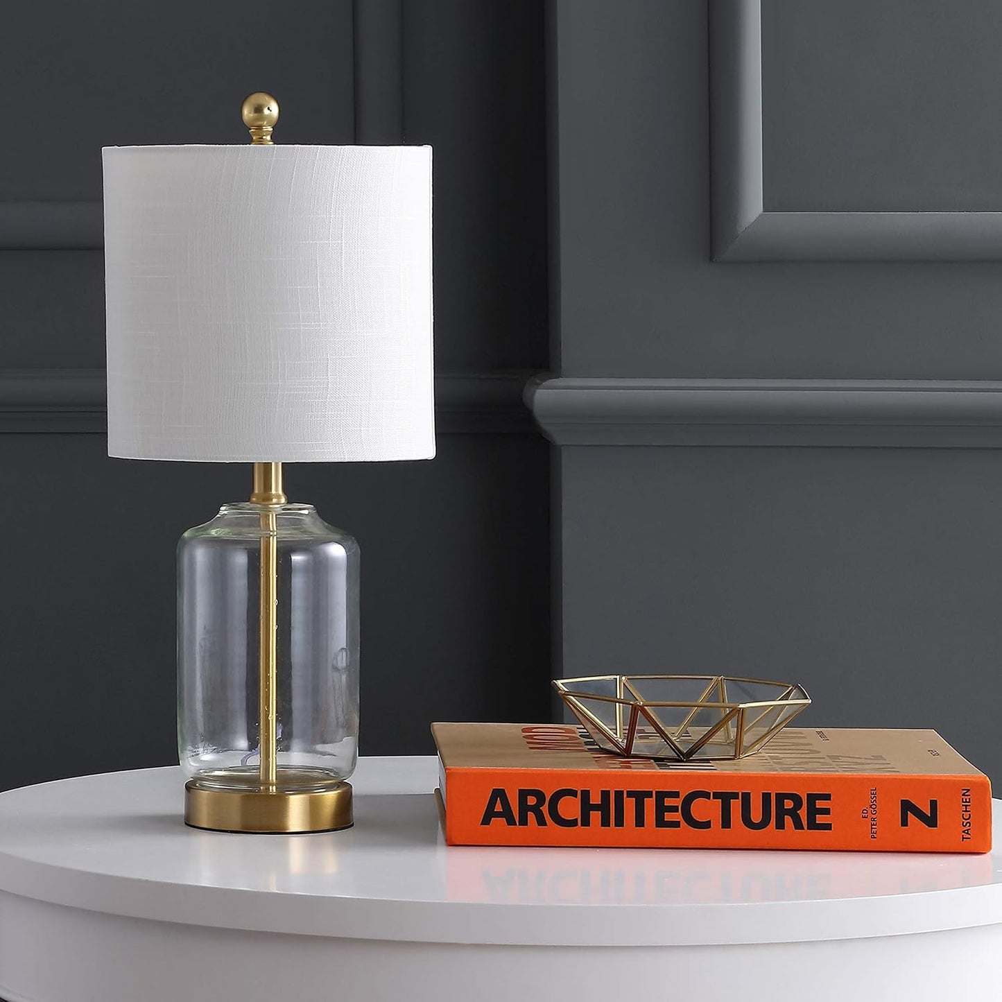 JONATHAN Y Duncan Table Lamp 19.5" Glass and Metal, Brass Gold and Clear | White Linen Drum Shade, Glam Transitional