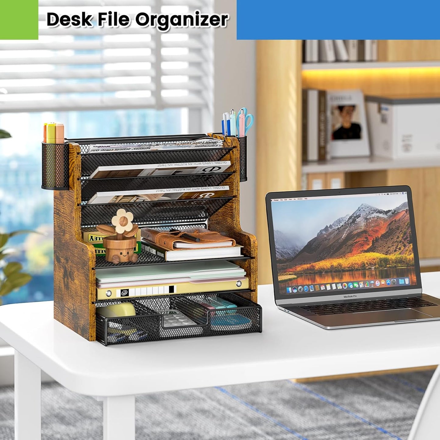 DAOUTIME 6-Tier Mesh Desk Organizer with Drawer, Wooden Office Organizer for Papers, Folders & Office Supplies - Sturdy