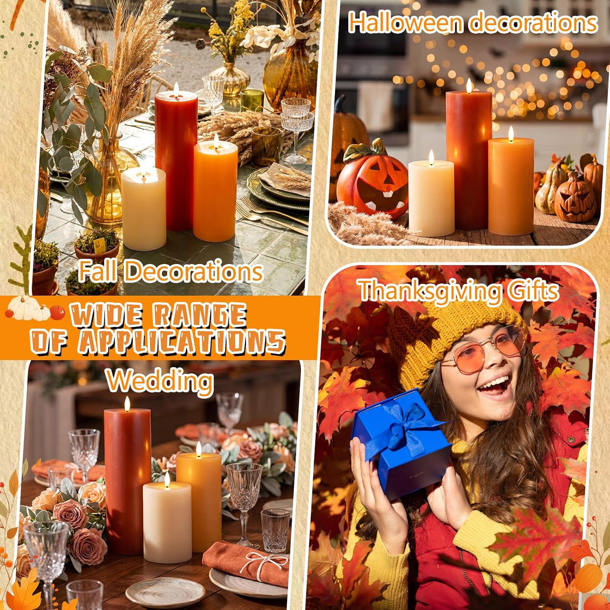 3 Pcs Fall 6/8/12 Inches Flameless LED Candles with Remote and 2/4/8h Timer Yellow Cream Orange Battery Electronic Wax
