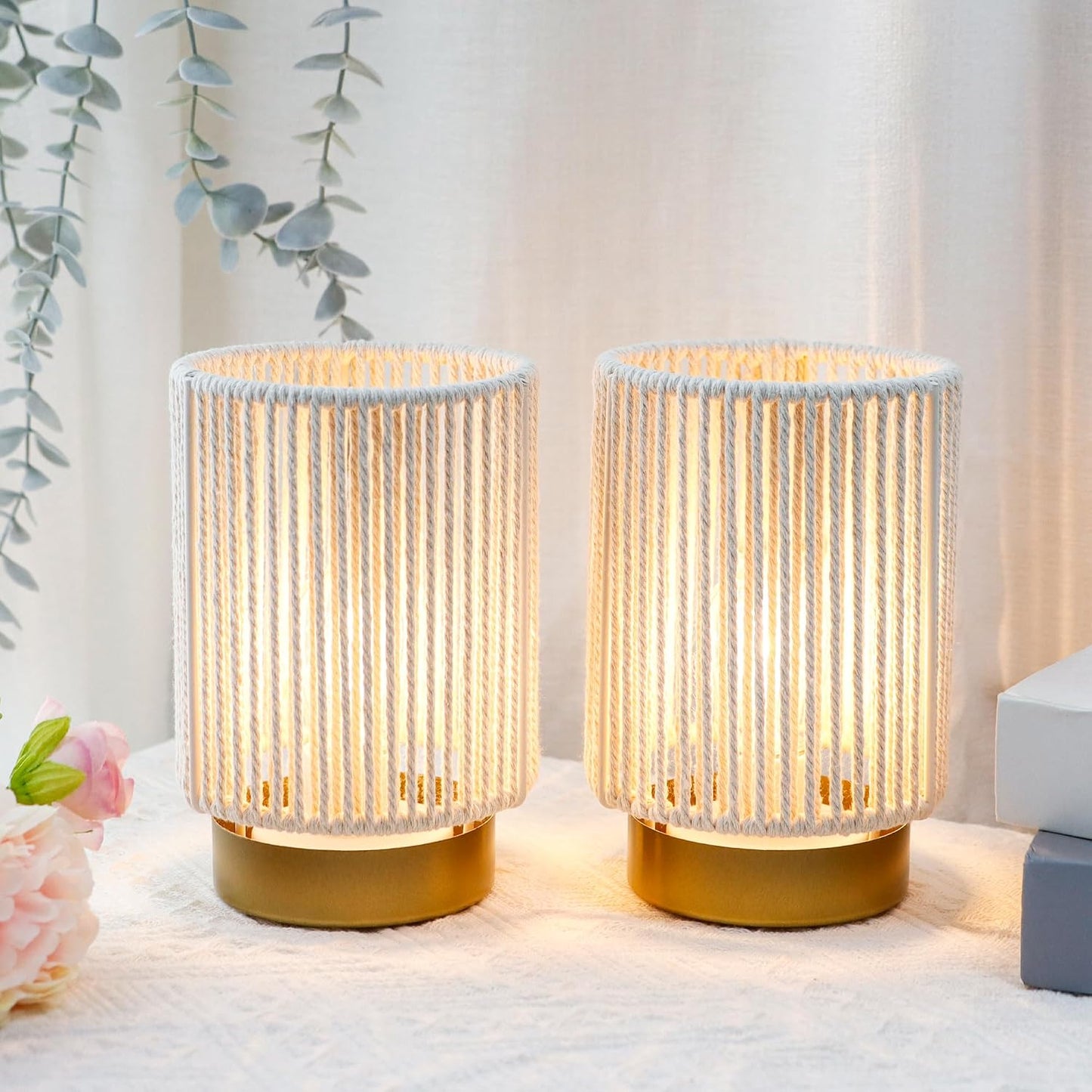 JHY DESIGN Set of 2 Braided Cotton Rope Table Lamp 6.5" Tall Battery Operated Lamp with 6 Hours Timer Beside Lamps