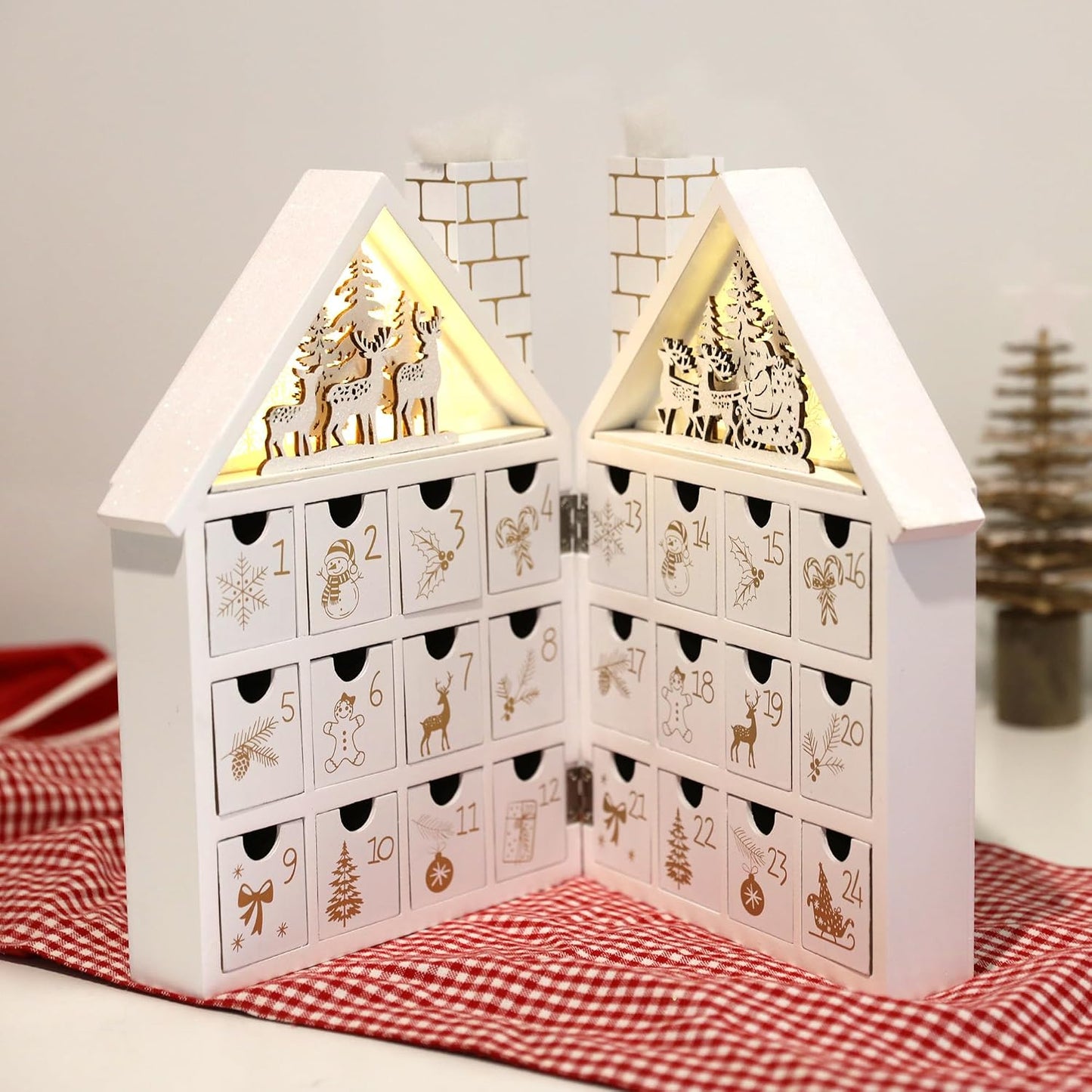 Wooden Christmas Advent Calendar House with 24 Drawers and Led Lights Countdown Calendars for Christmas Decoration