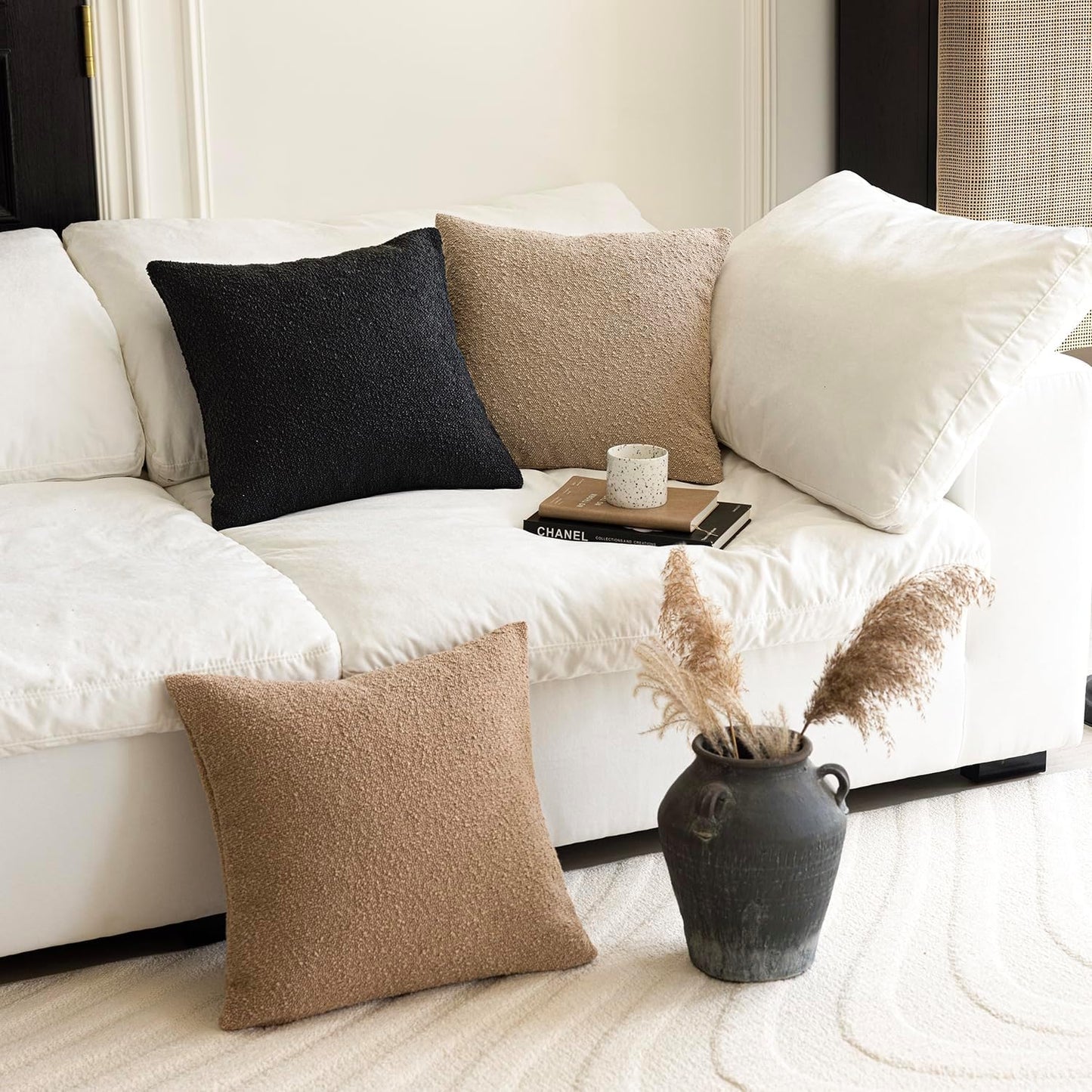 Decorative Textured Boucle Throw Pillow Covers Accent Solid Pillow / 18 x 18 / Black / Set of 2