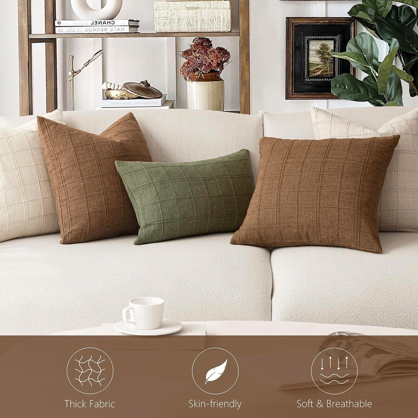 Decorative Linen Check Throw Pillow Covers Neutral Farmhouse / 18 x 18 / Brown Sugar / Set of 2