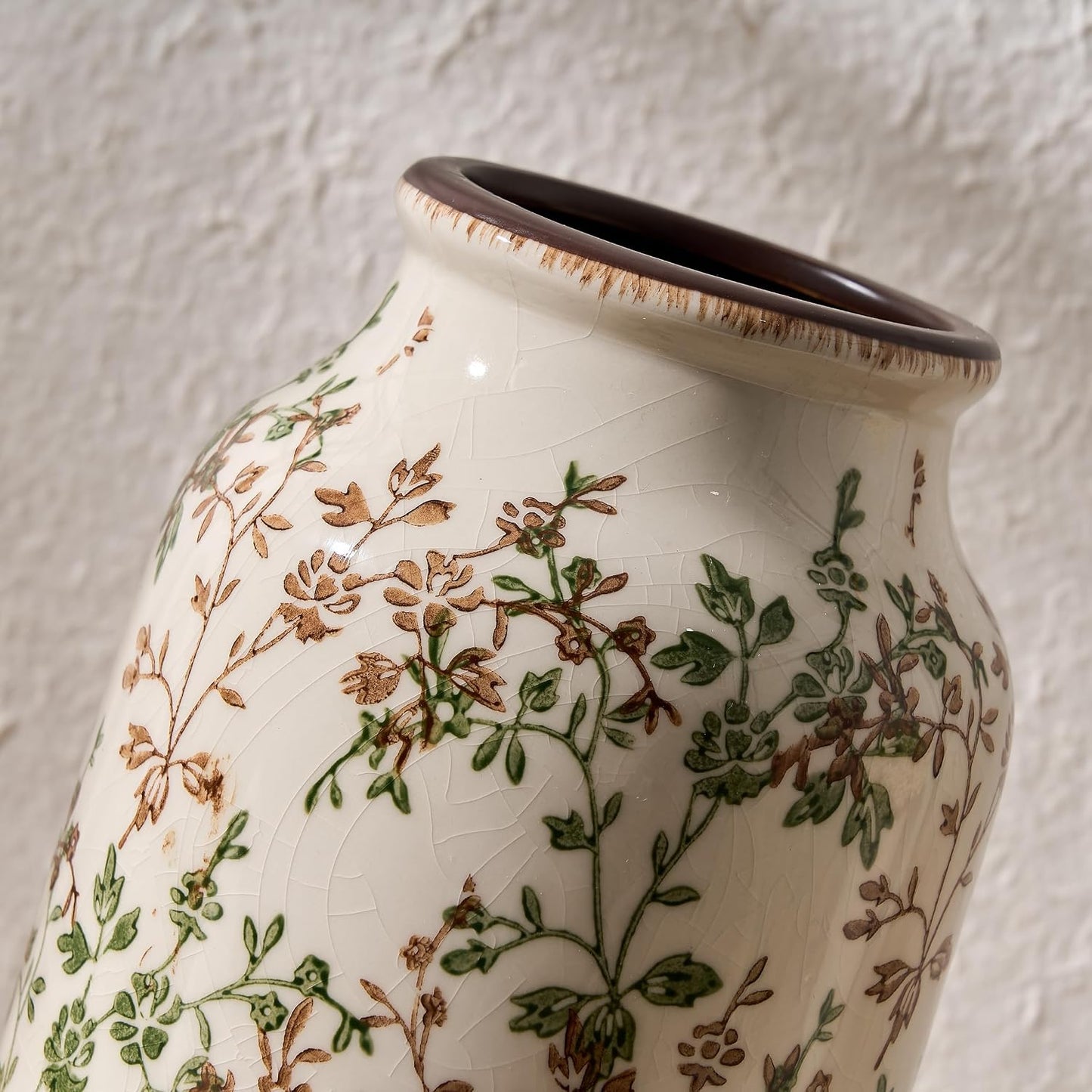 Ceramic Vintage Pastoral Vase / 18049-green and Brown Floral / 8.78 Inch