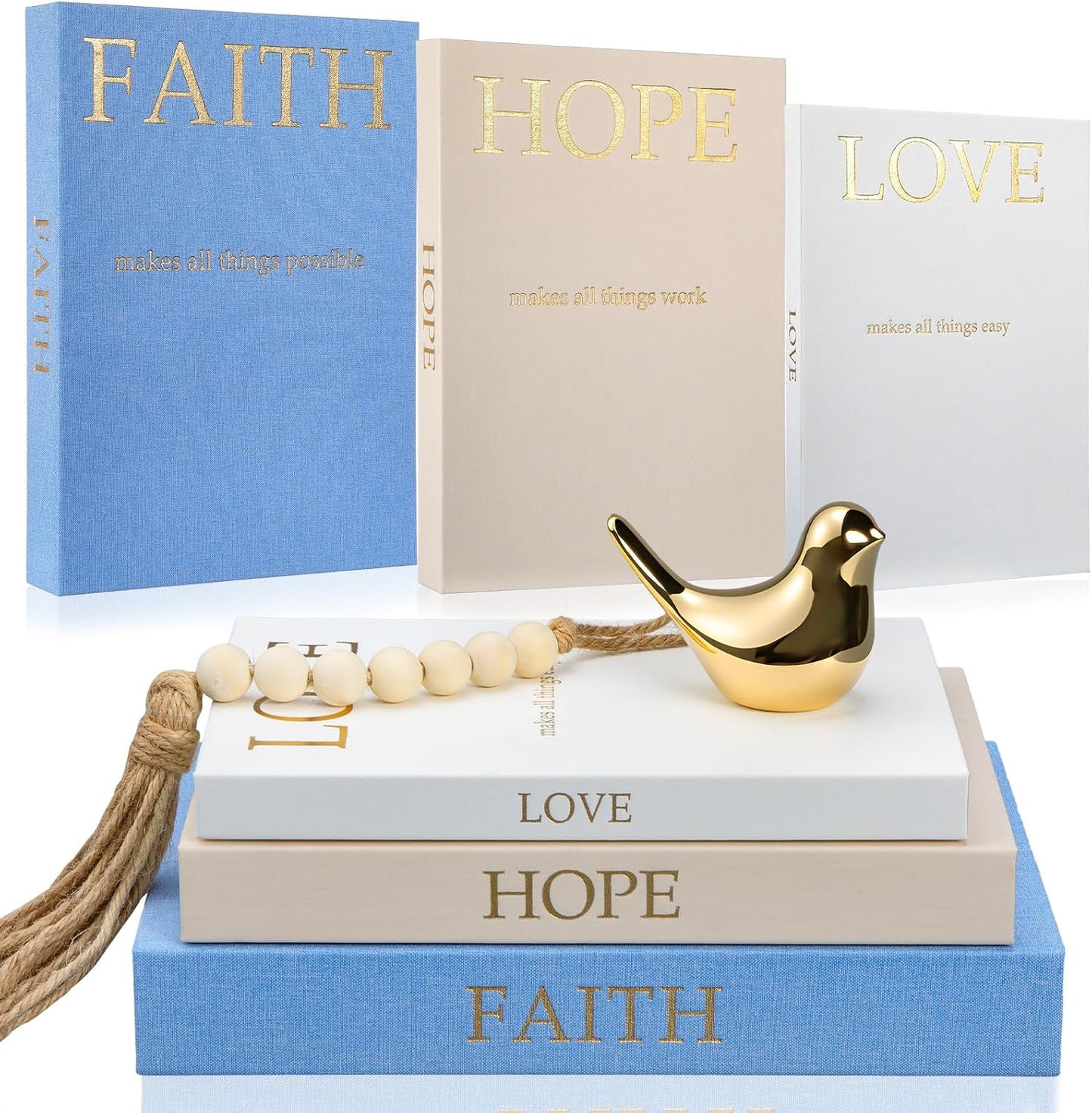 Linen Decorative Books Set Includes Bird and Wooden Beaded Tassel / Soft Colors / Gold / Set of 3