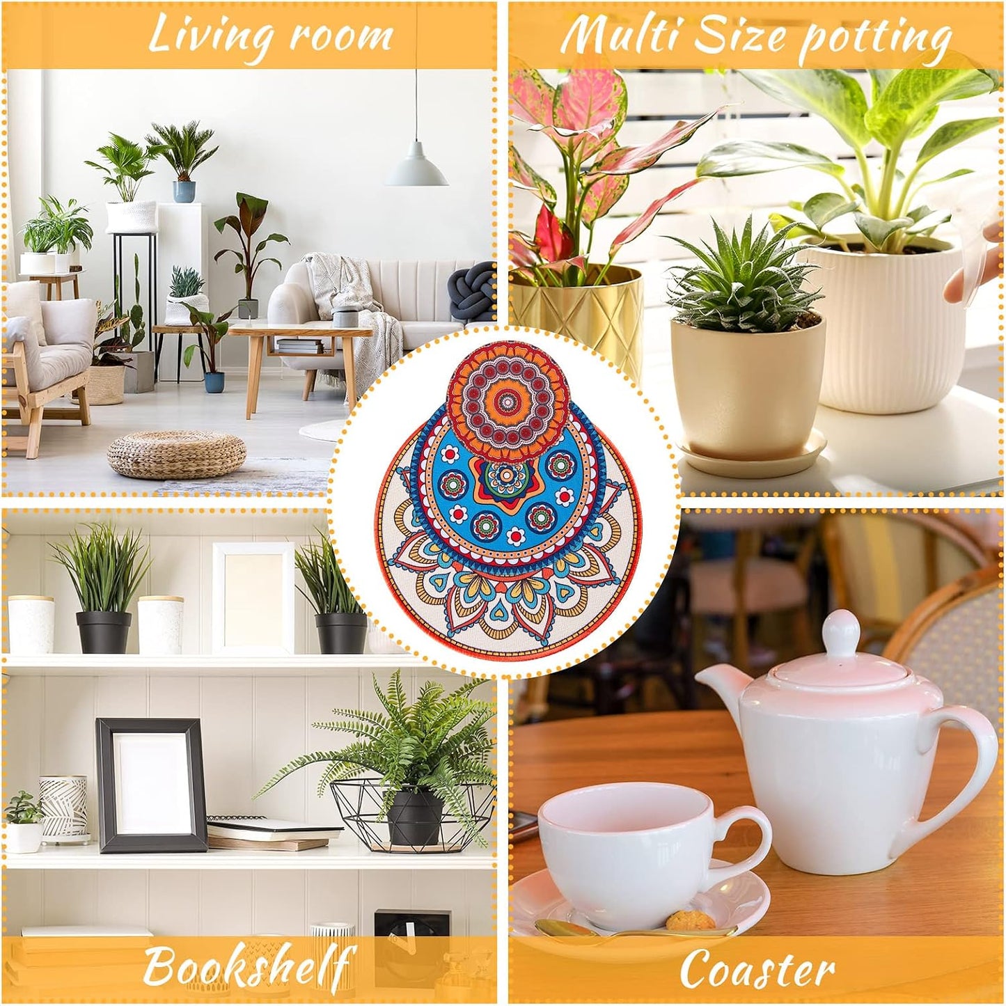 Boho Plant Coasters 3 Size 3.94" 5.9" 7.87" Rubber / Classic / 4 Inch, 6 Inch, 8 Inch / Set of 6