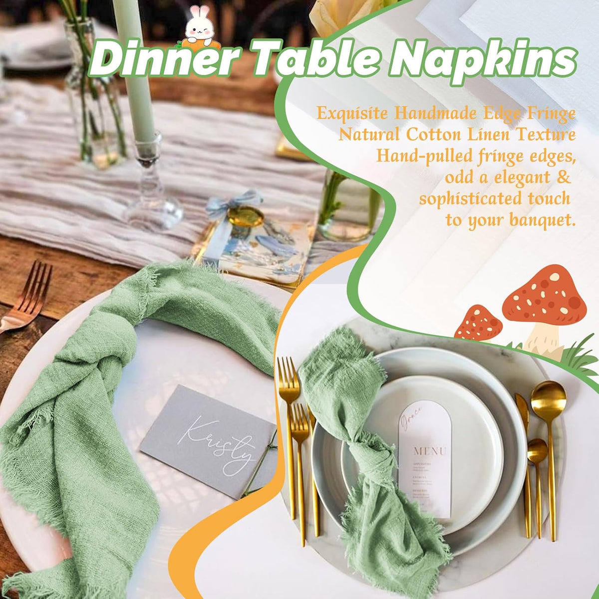 Showgeous 30 Pack Sage Green Cloth Napkins with Fringe, 16x16 inch | 100% Cotton Green Napkins Handmade Dinner Napkins