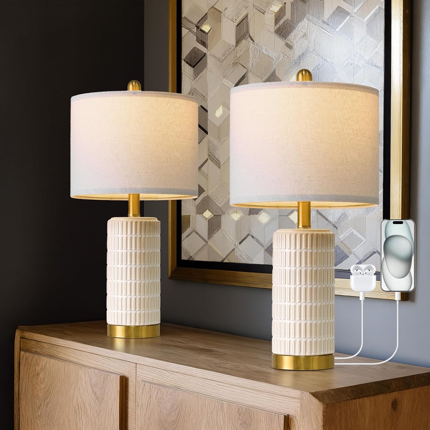 PoKat Small Bedside Table Lamps with USB Ports for Bedroom, 21.5'' White Nightstand Lamps for Night Stands, Modern