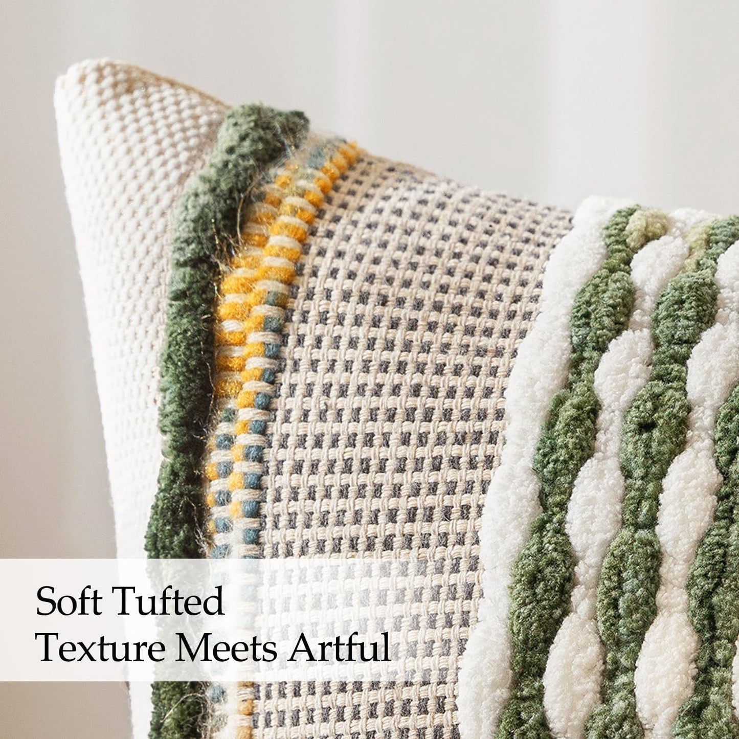 Boho Decorative Throw Pillow Covers Farmhouse Cushion Case / Olive Green Stripe / 18 x 18 / Set of 2