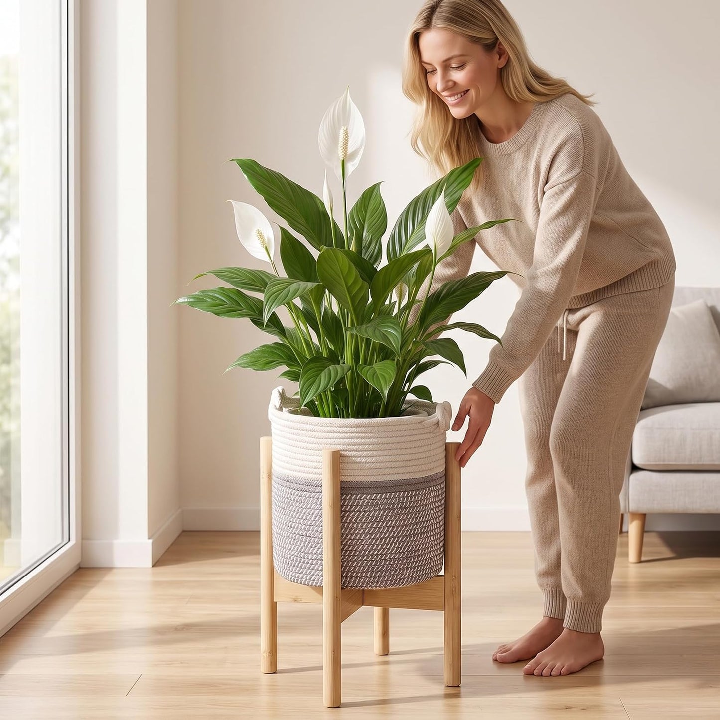 Flower Pot Rattan Plant Stand Planter with Stand, Tall Indoor Boho Woven Wicker Storage Basket with Adjustable Wood