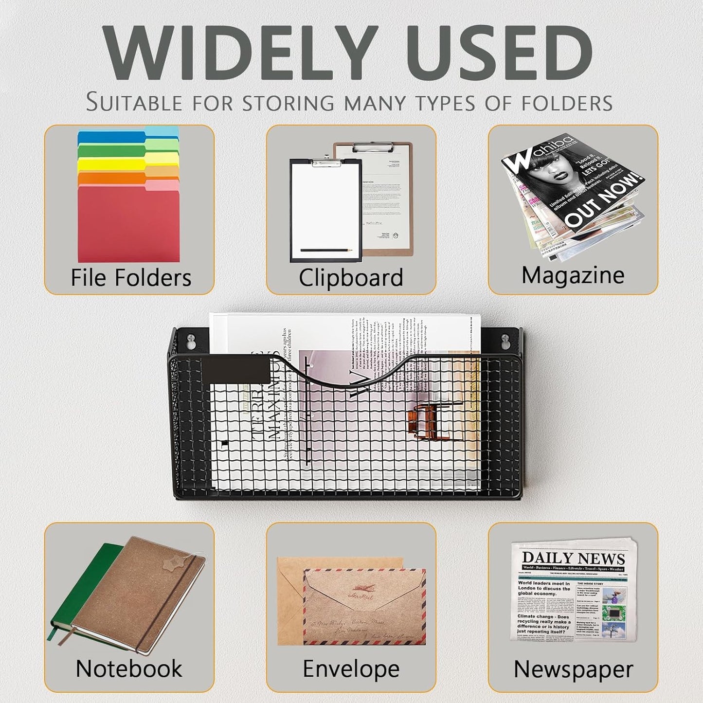 MFTEK Magnetic File Holder, 2 Pockets Magnetic File Folder Holder No Drilling Magnet Paper Mail Organizer Magazine