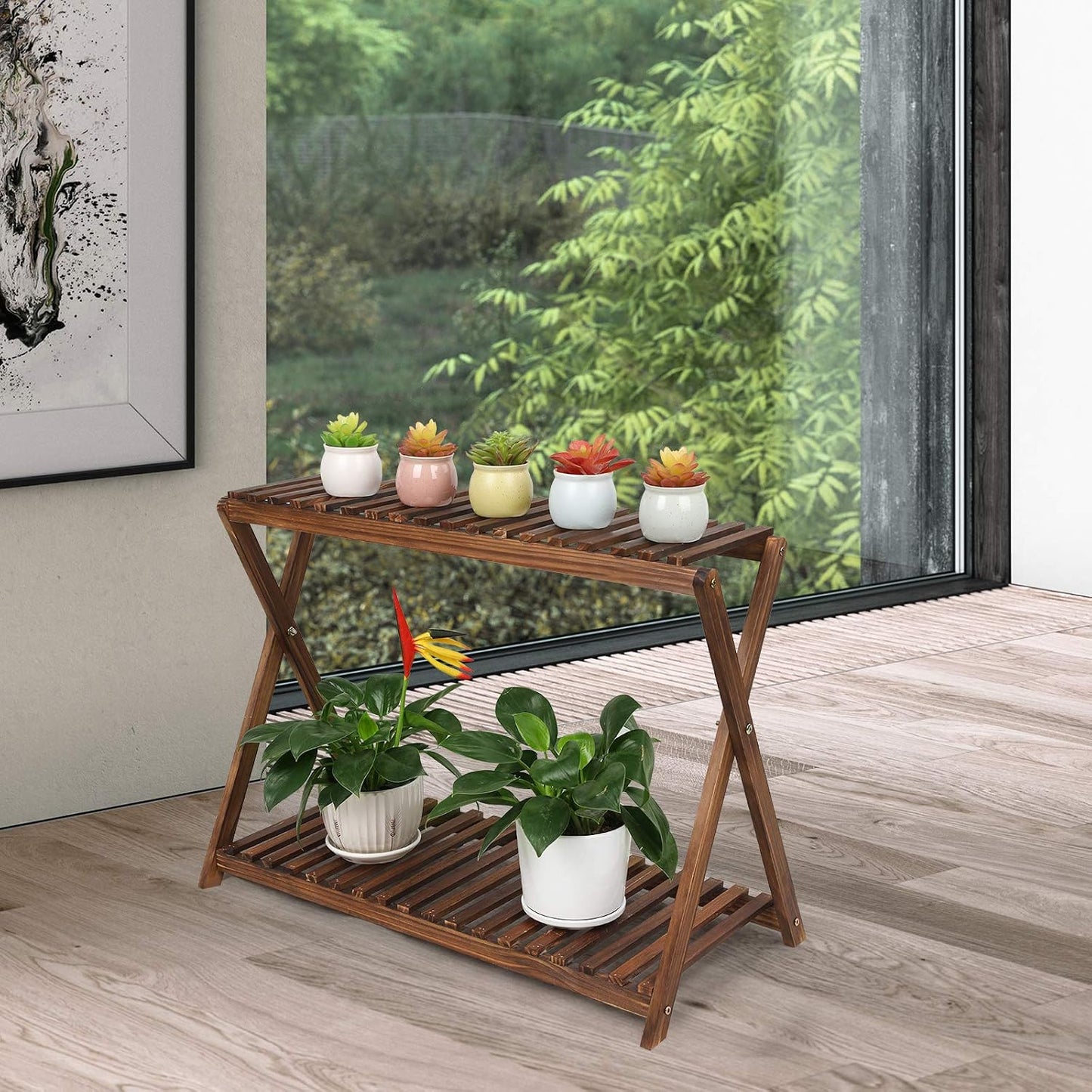 Wood Plant Stand Shelf Indoor Outdoor 2 Tier Plant Bench Corner | Stepped Flower Stand Plant Table Planter Shelf Holder
