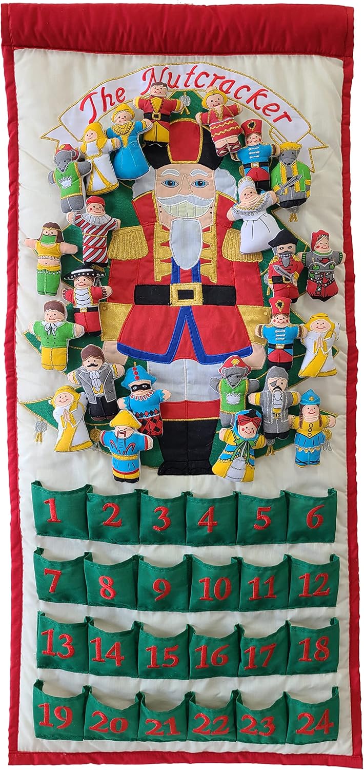Nutcracker Advent Calendar by Pockets of Learning | Interactive Christmas Holiday Décor | Embroidered Seasonal Soft Fabric Cloth Wall Hanging Countdown Decor