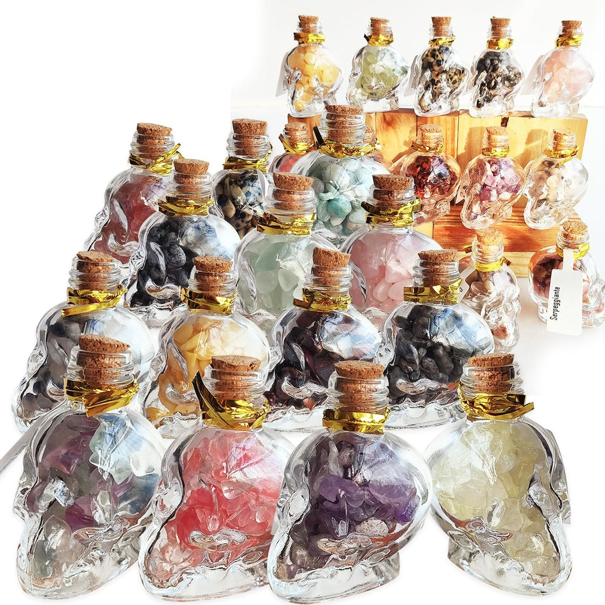 24Pcs Crystals and Healing MINI Stones with Skull Spell Jars-Crystal Chakra Stones Cute Glass Bottle-Healing Crystals