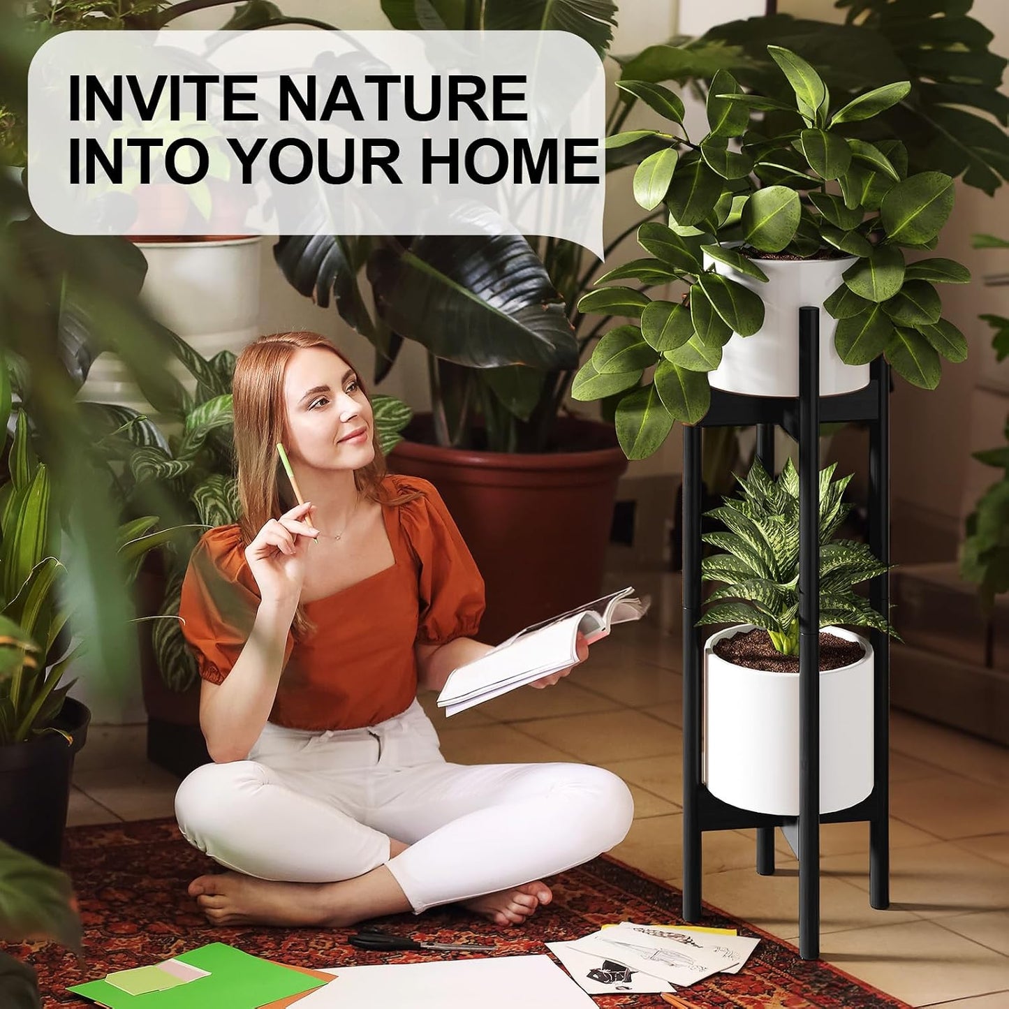 MUDEELA 2 Pack Indoor Plant Stands, 2 Tier Tall Plant Stand 30 inches, Mid Century Bamboo Plant Stand, Adjustable Width