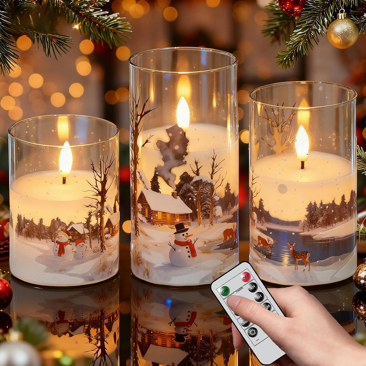 Wondise Chrismtas Snowman Glass Flameless Candles with Remote Timer