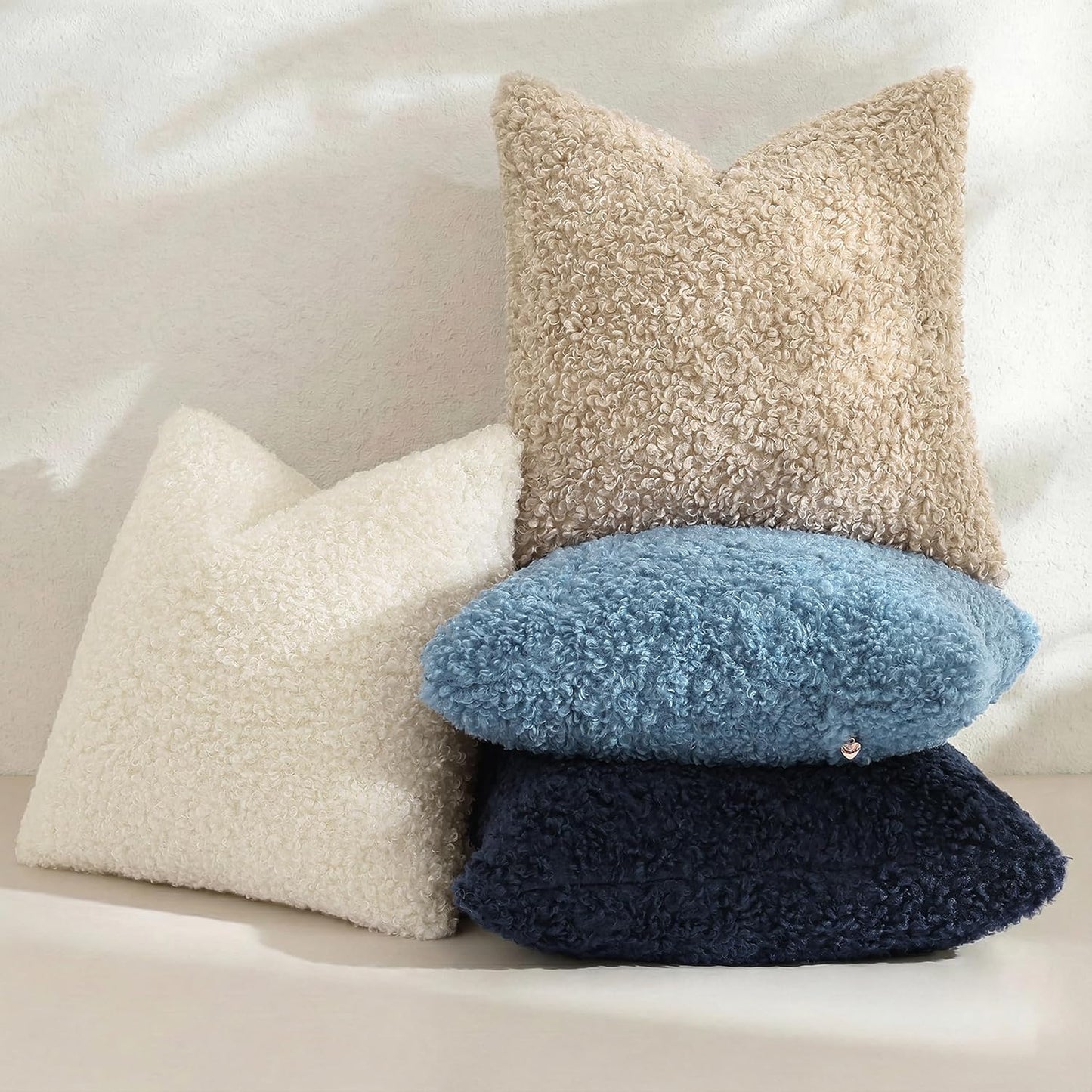 Faux Fur Decorative Sherpa Pillow Covers Fuzzy Accent Soft / Navy Blue / 18 x 18 / Set of 2