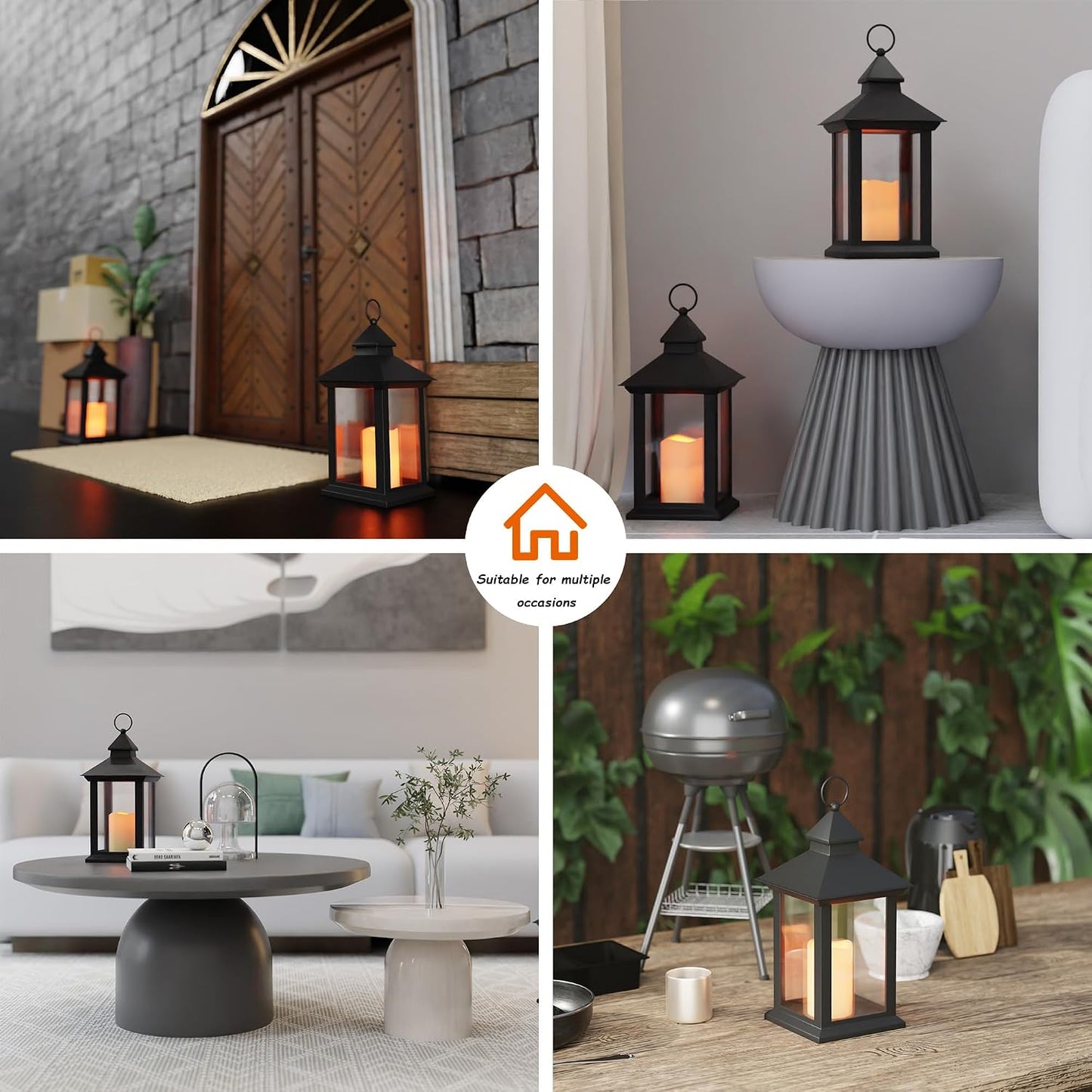 14" Lanterns Decorative Indoor/Outdoor, 2 Pack Black Lantern Decor with Timer Candle, Waterproof Battery Operated