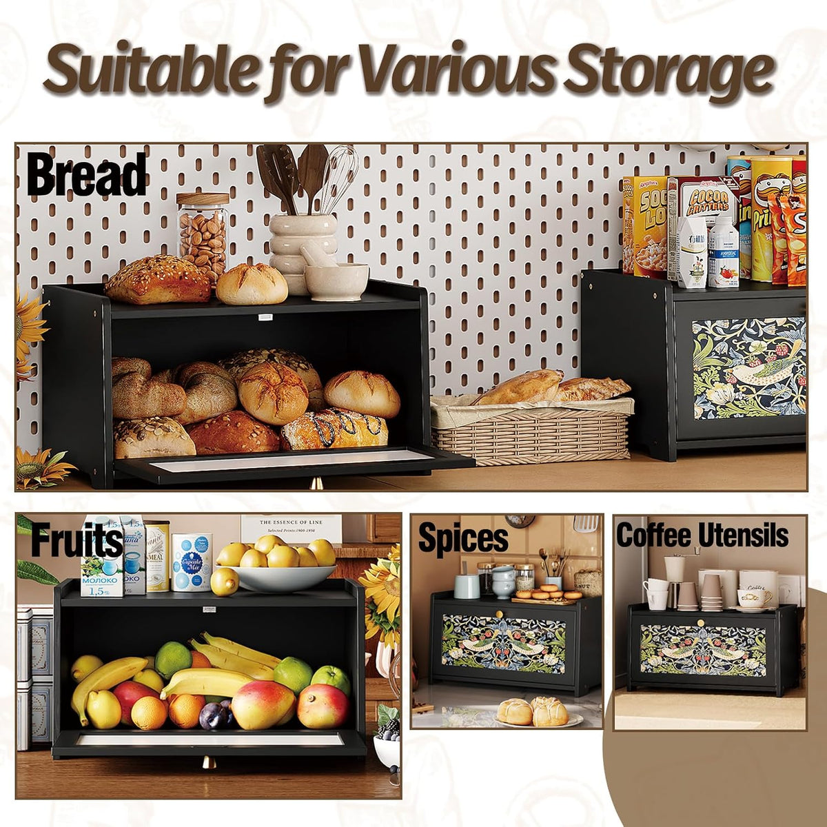 Trironsun Bread Box for Kitchen Counter Black Bread Storage Container with Acrylic Door William Morris Flower Bird