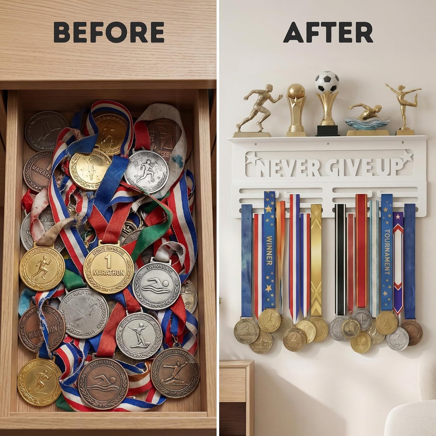 AGATHOS HOME Medal Hanger Display with Trophy Shelf - Metal Awards Rack for Walls Holds 64+ Sports Medals- Our Never