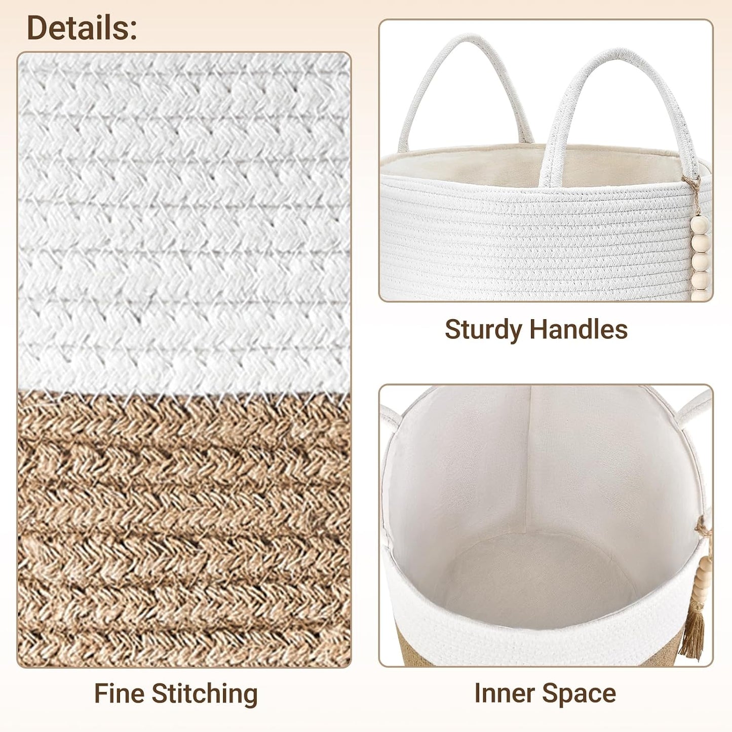 Woven Storage Basket Decorative Natural Rope Basket Wooden / Cream White and Brown / 16" W x 13.8"L