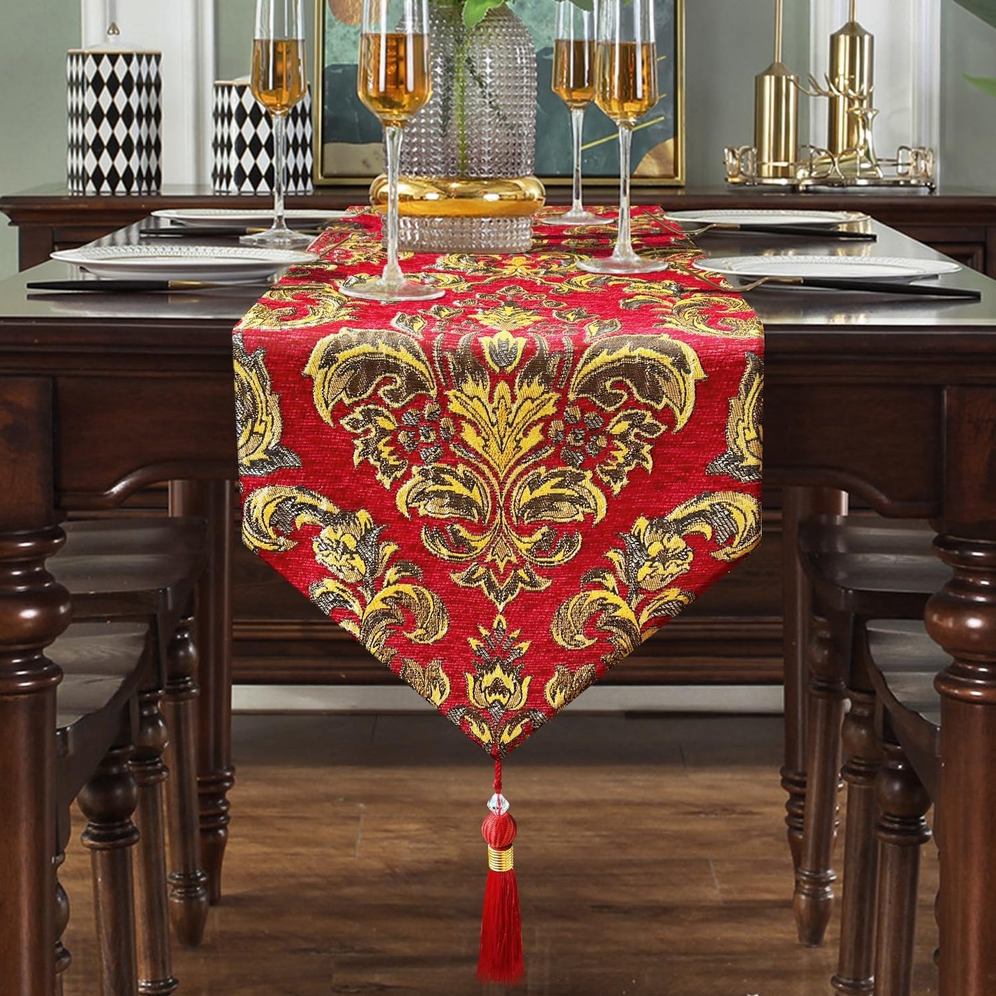Exquisite Red Table Runner Large 108 Inch Vintage European Floral Chenille | for Christmas Dining Table,Dresser,Banquet