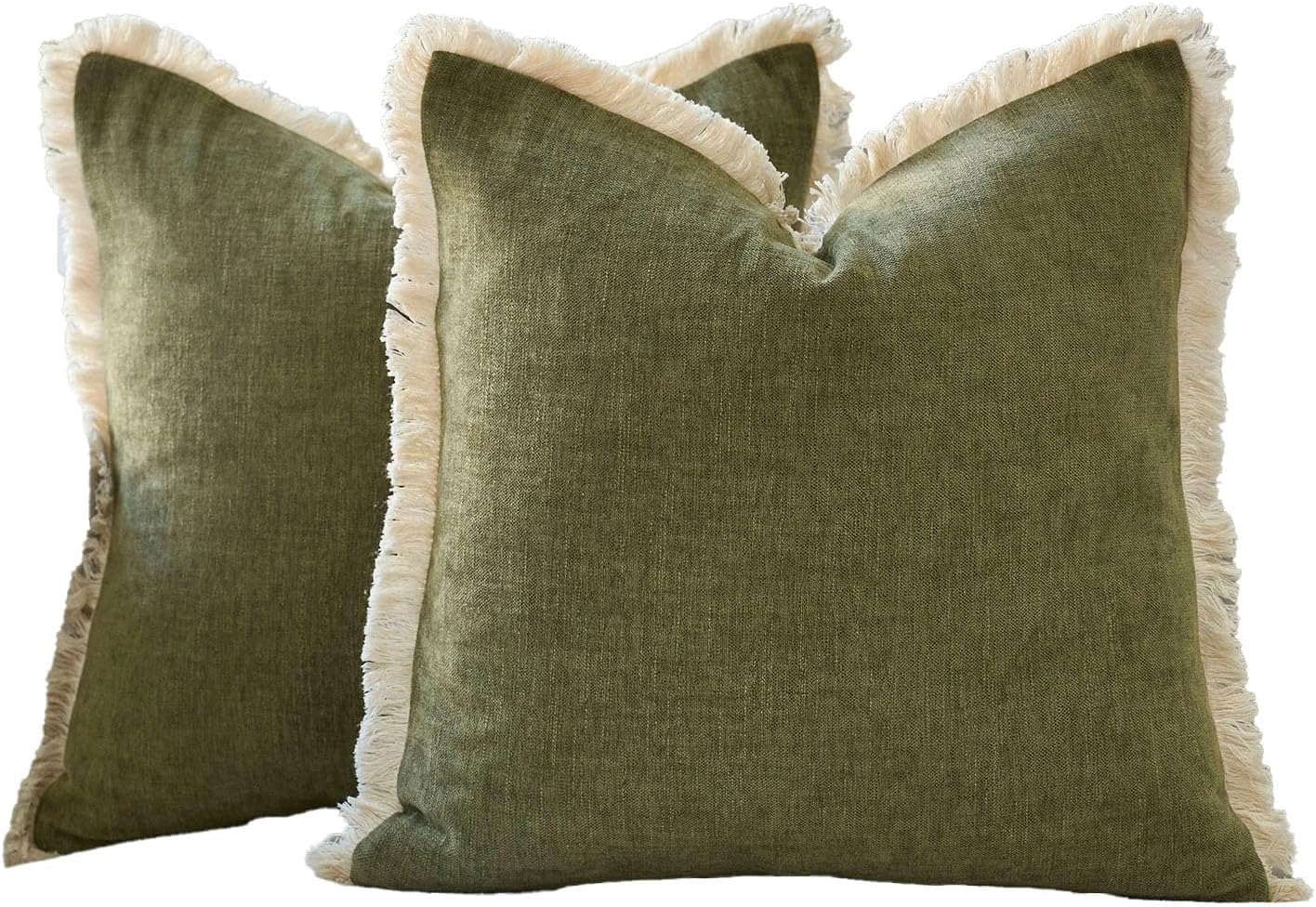 Fringe Throw Pillow Covers Boho Neutral Farmhouse Decorative / Olive Green / 18 x 18 / Set of 2