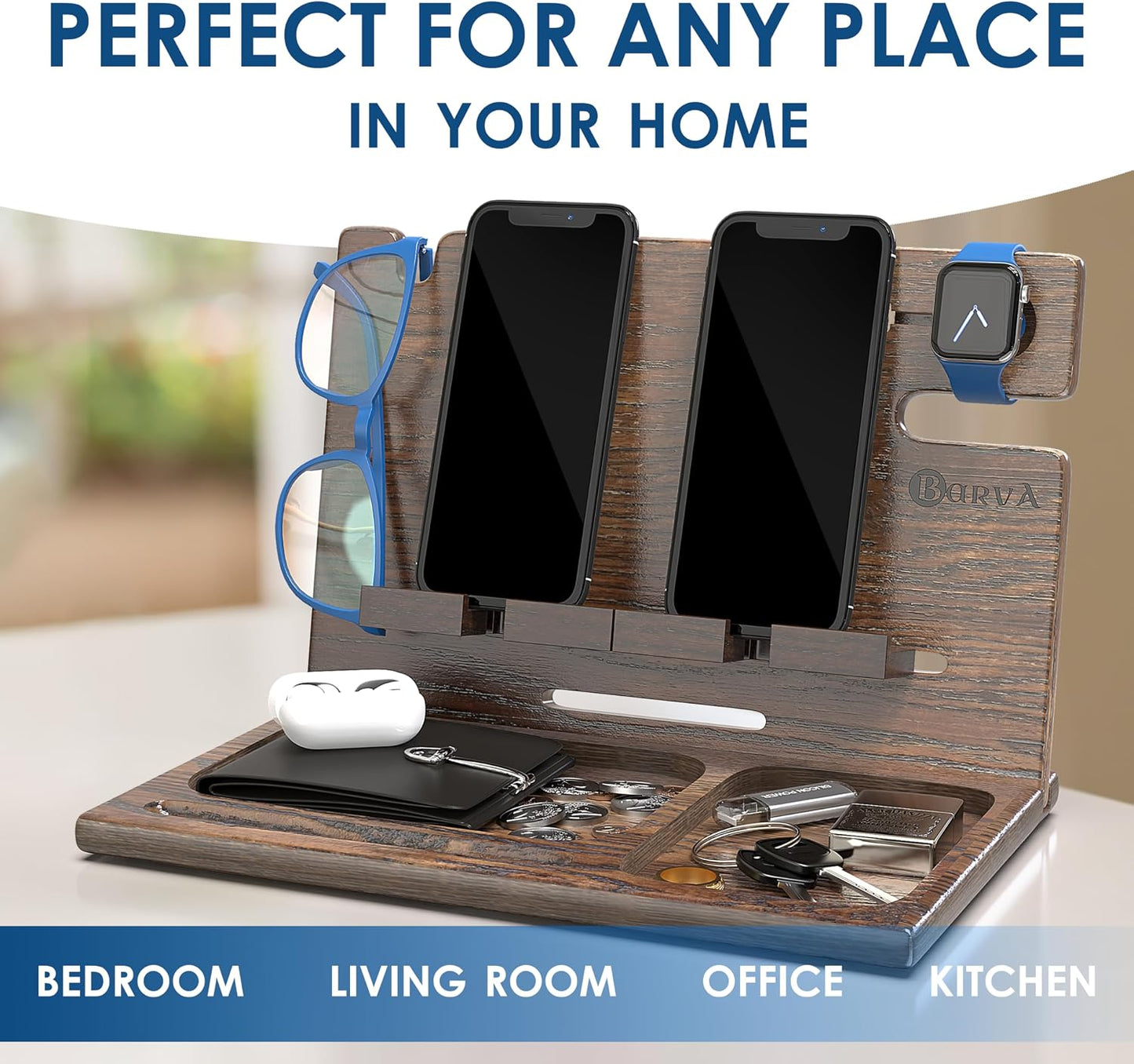 BarvA Two Phone Docking Station | Night Stand Desk Organizer | Wood Nightstand Organizer | Tablet Smart Watch Earbuds