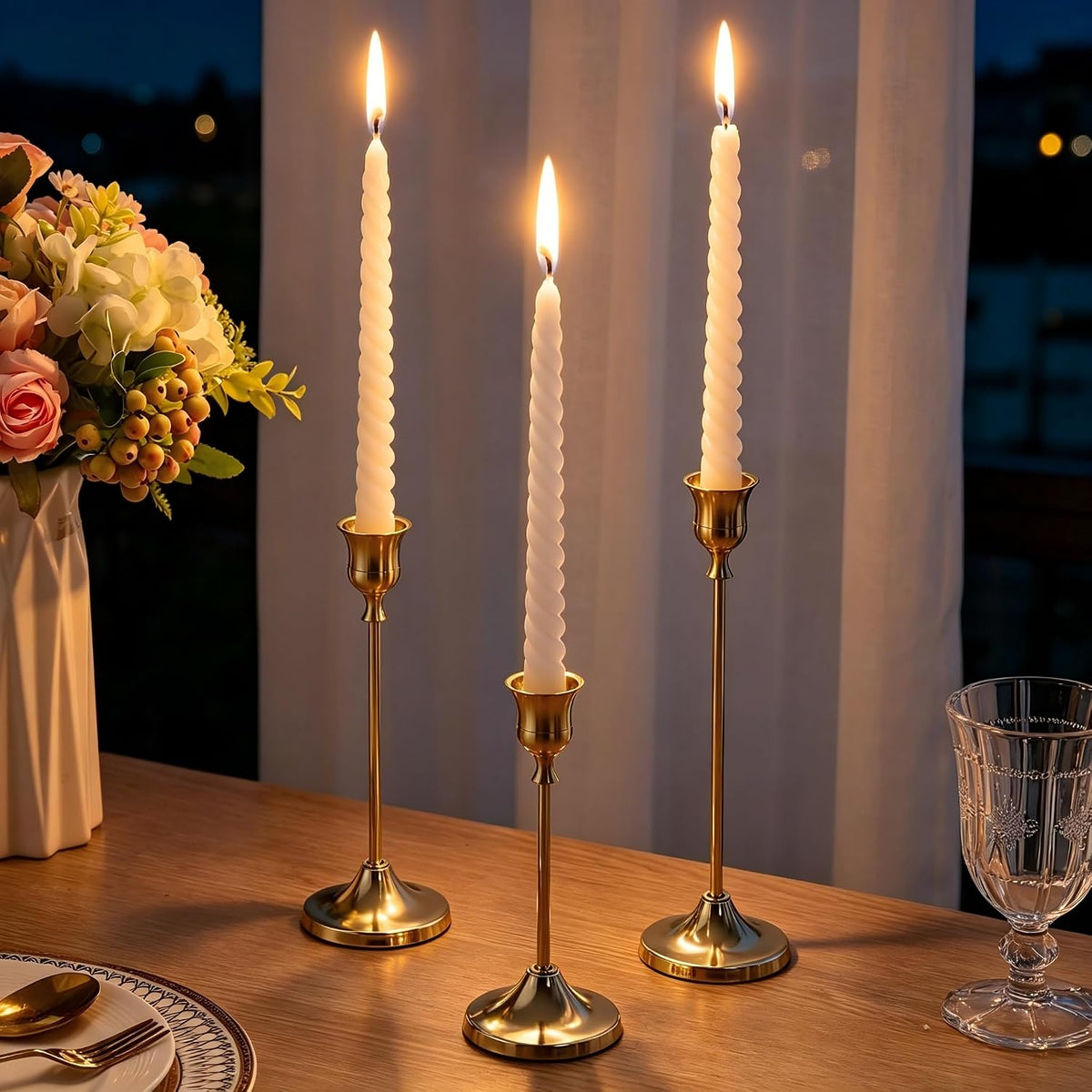 12 Pcs Gold Candlestick Holders, Vintage Metal Candle Holders Taper Candle Stands, Tall Golden Brass Tapered Candle
