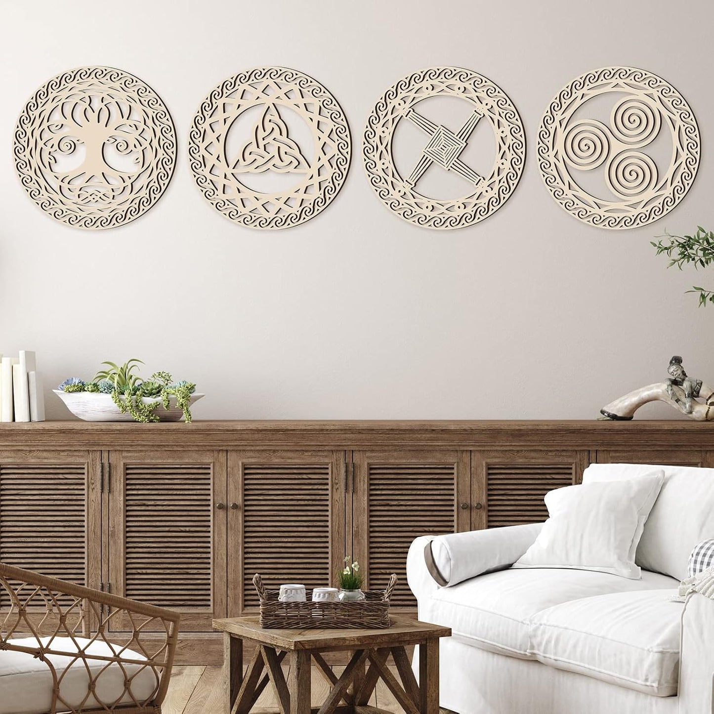 Celtic Symbol Wall Decor Celtic Cross Knot Triple Spiral Symbol Wood Sign / Wood Color / Set of 4