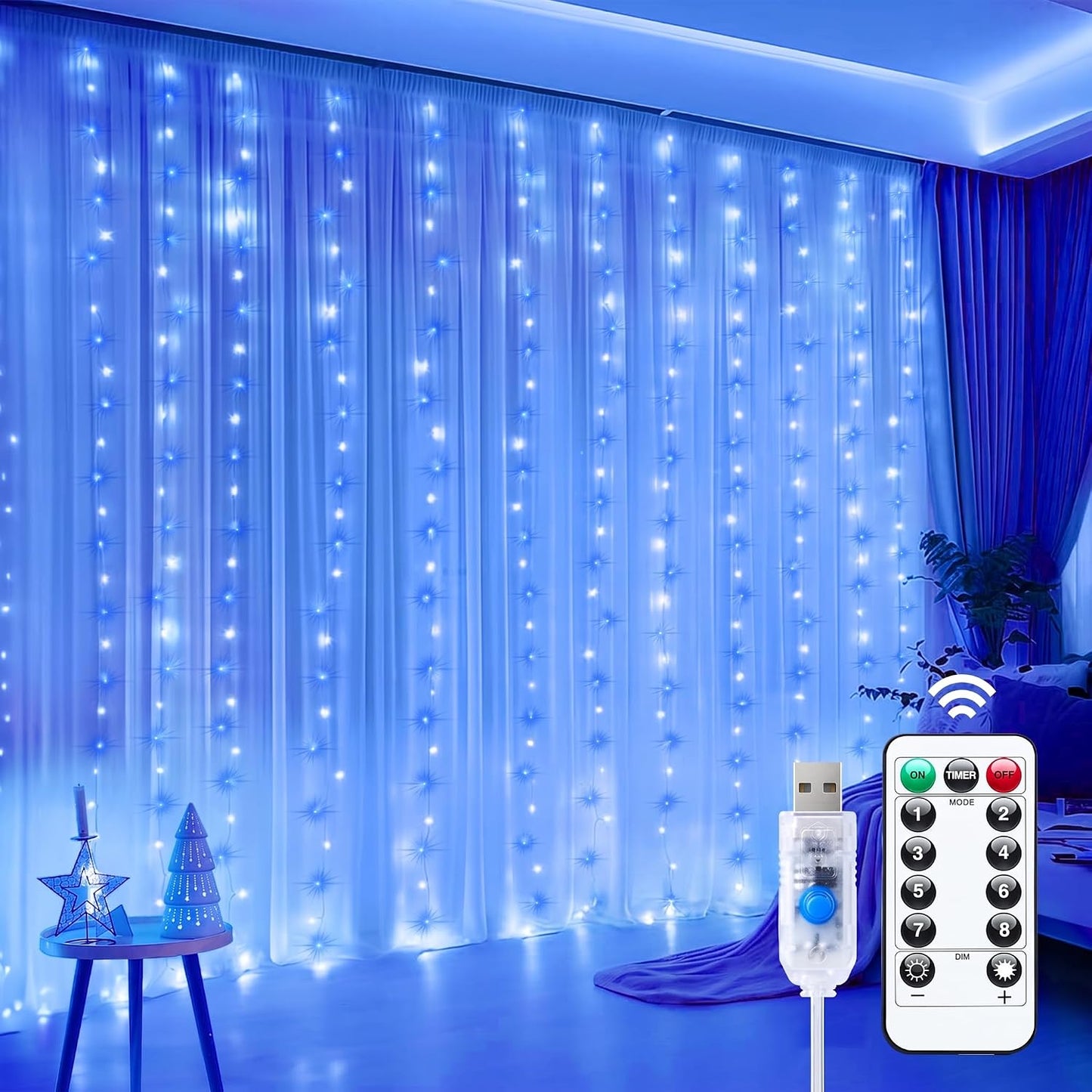 Minetom Curtain Lights, 300 LED Dimmable Twinkle Fairy Lights, 8 Modes