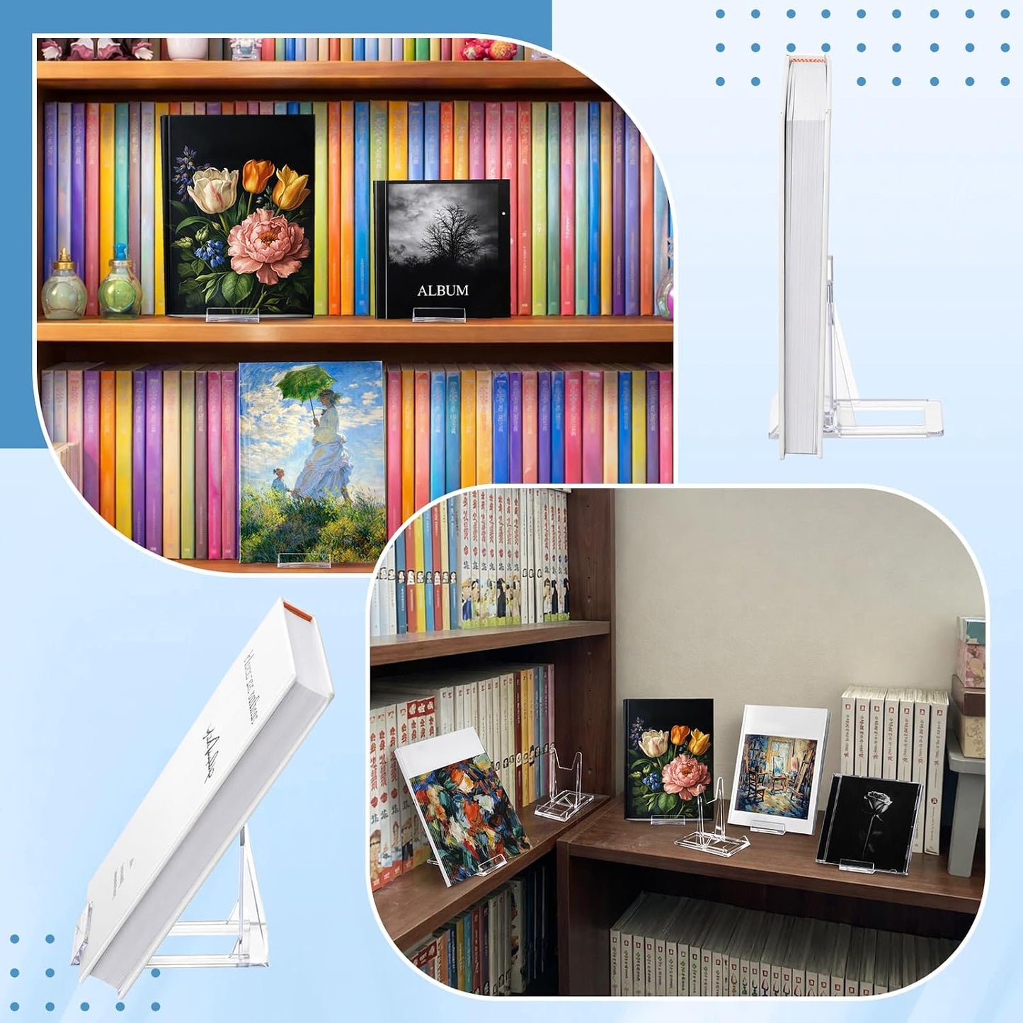 Acrylic Book Stand for Display Adjustable Book Display Holder Easel Rack Stand / Clear / Set of 15
