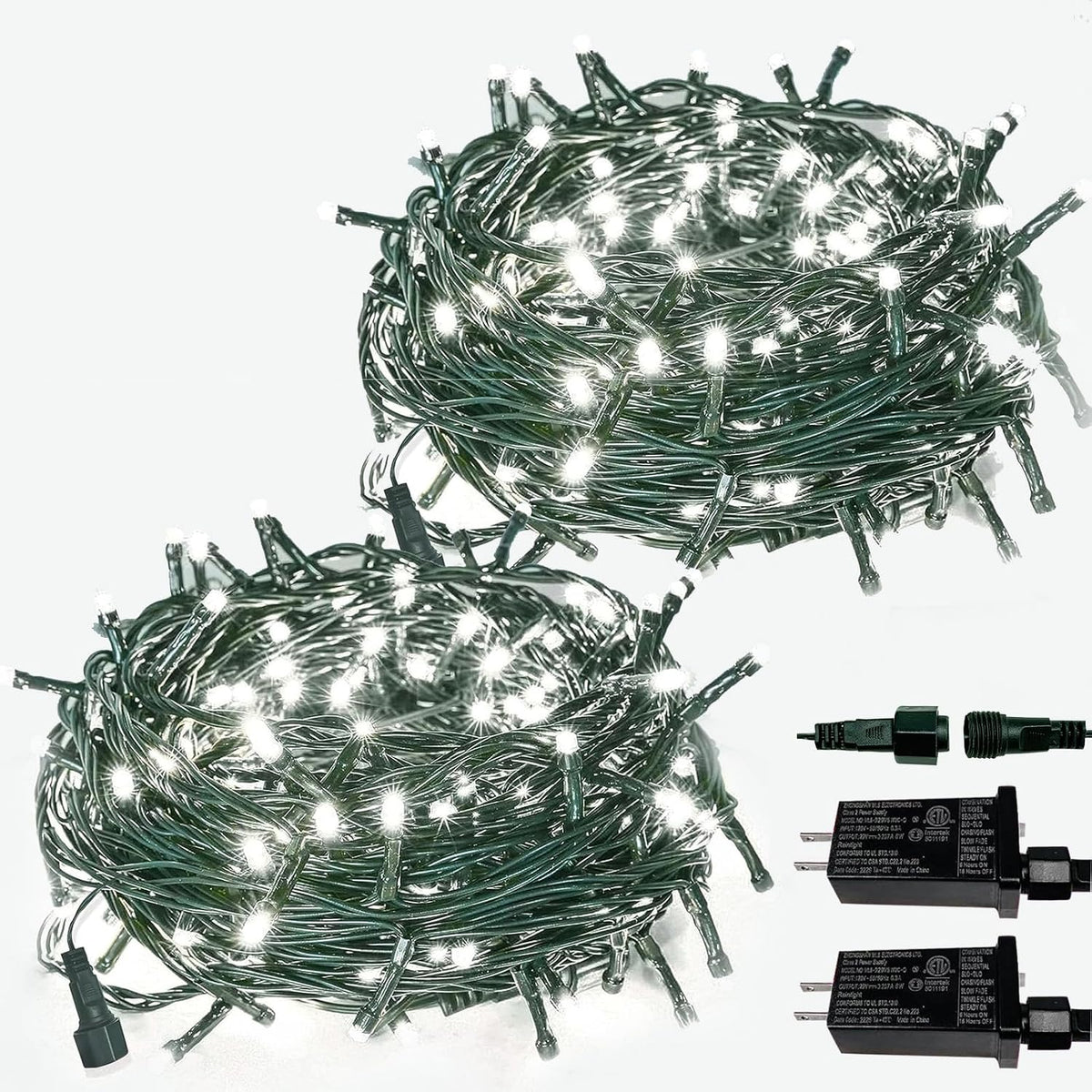2 Pack Extendable Christmas String Lights Indoor Outdoor 200 LED Cool White