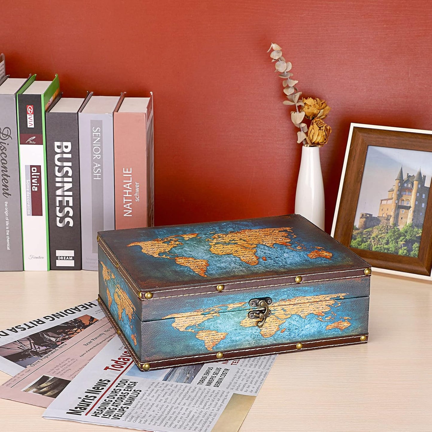 Wooden + PU Leather Storage Box for Jewelry Trinkets Photos / Green Map Pattern